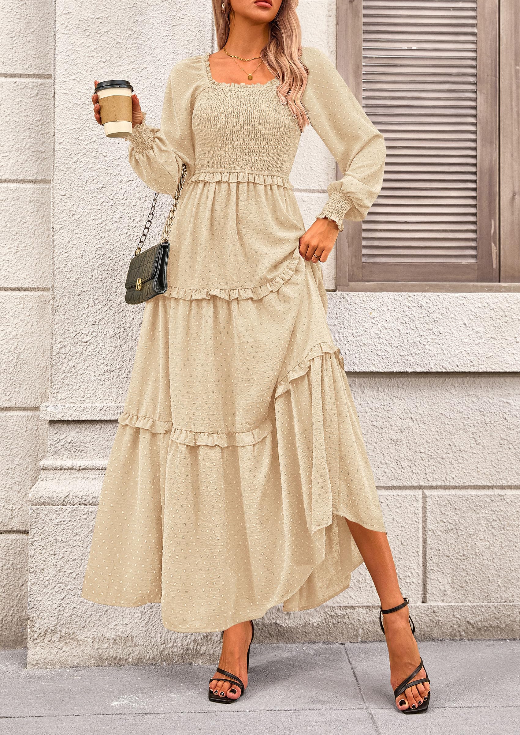 PRETTYGARDEN Women Fall Long Sleeve Smocked Maxi Dress Casual Square Neck Swiss Dot Tiered Ruffle Flowy Spring Pocket Dresses - Image 3