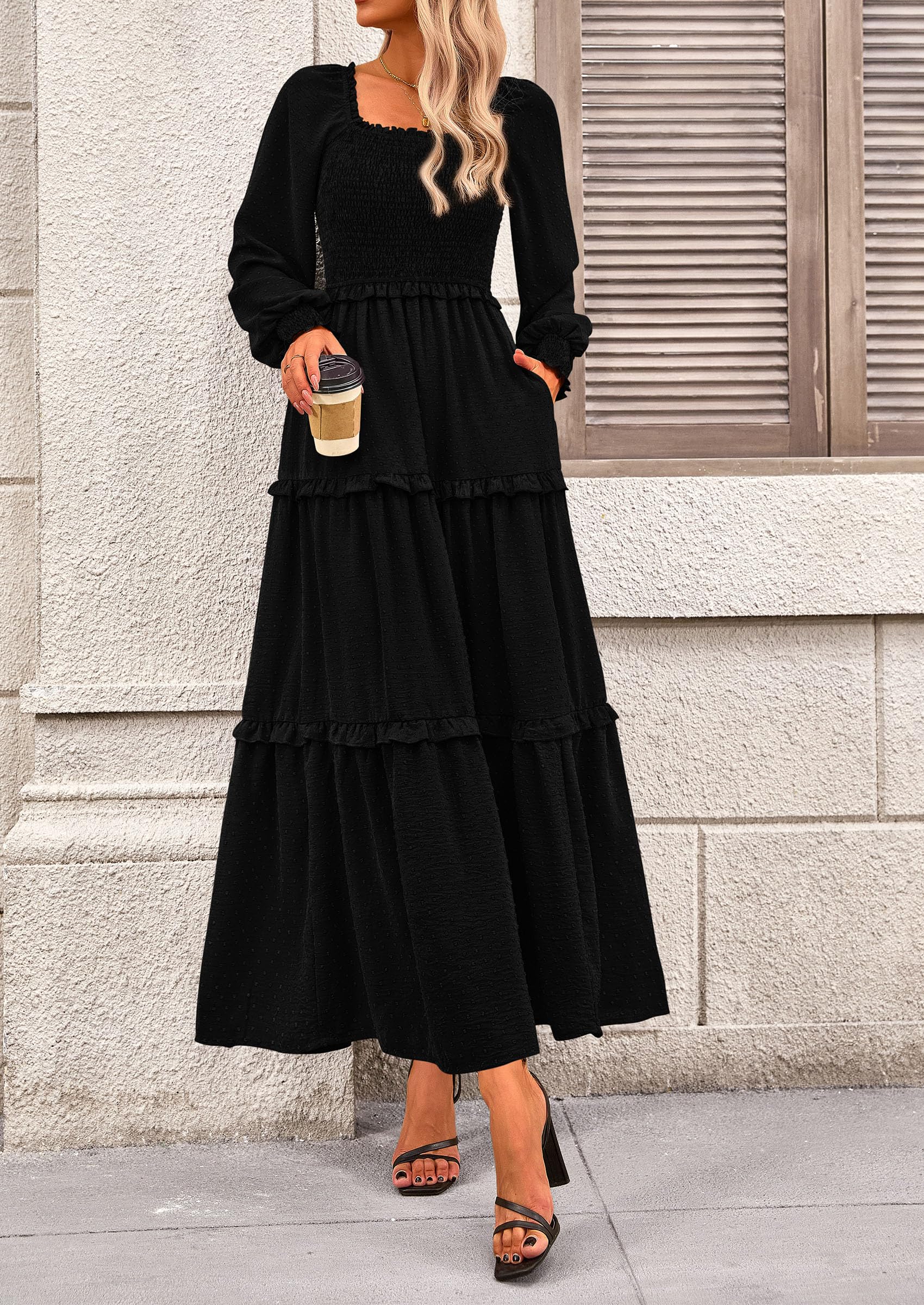 PRETTYGARDEN Women Fall Long Sleeve Smocked Maxi Dress Casual Square Neck Swiss Dot Tiered Ruffle Flowy Spring Pocket Dresses - Image 33