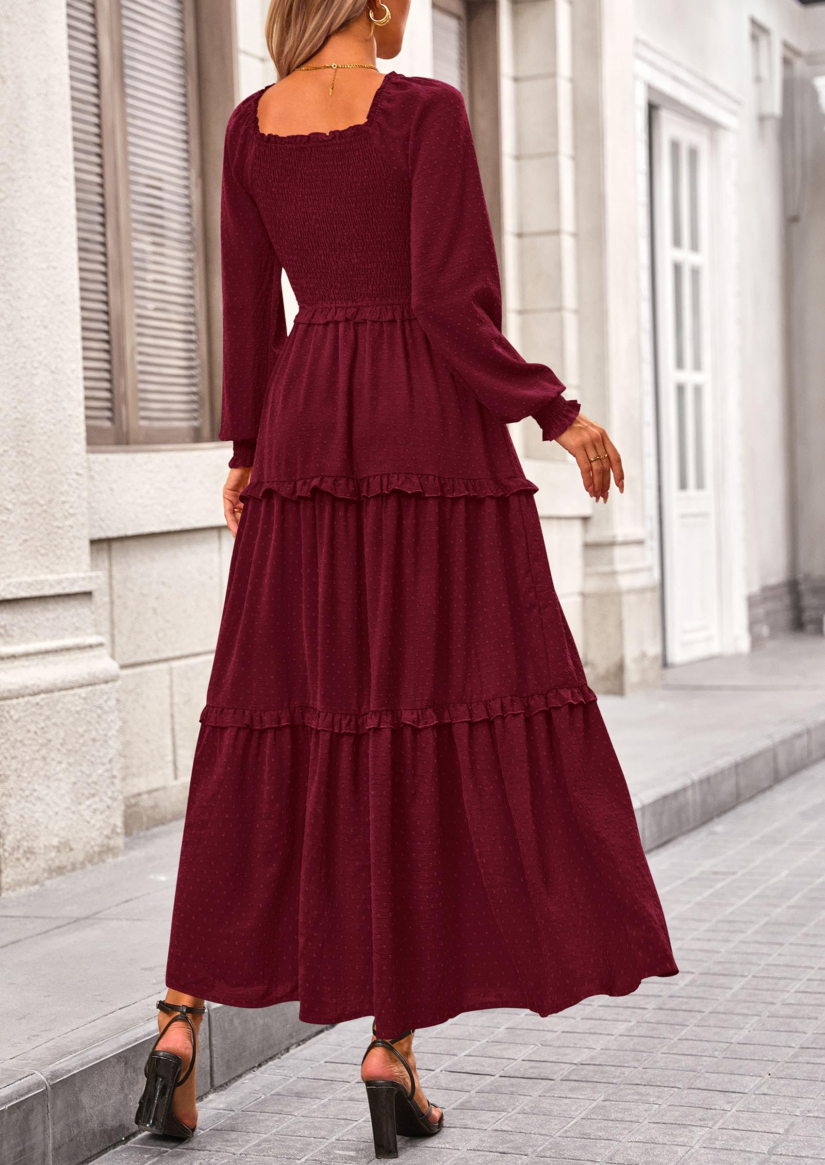 PRETTYGARDEN Women Fall Long Sleeve Smocked Maxi Dress Casual Square Neck Swiss Dot Tiered Ruffle Flowy Spring Pocket Dresses - Image 35