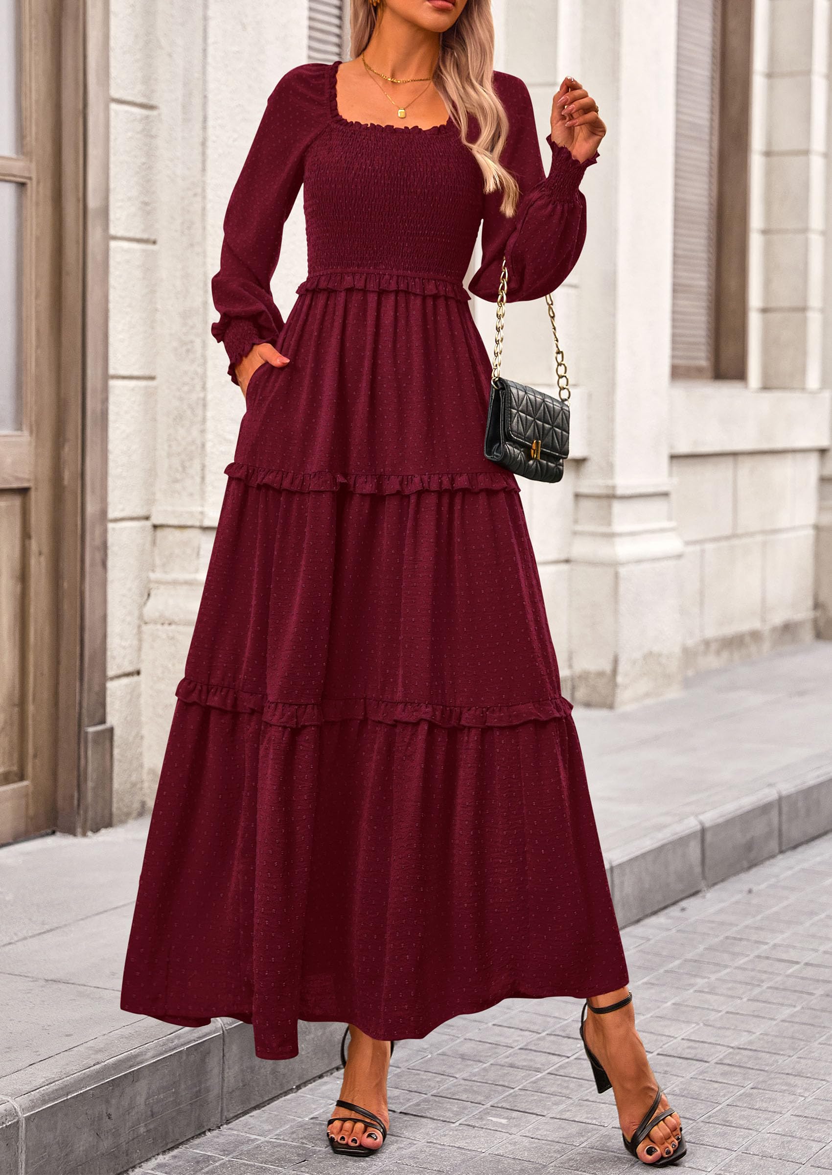 PRETTYGARDEN Women Fall Long Sleeve Smocked Maxi Dress Casual Square Neck Swiss Dot Tiered Ruffle Flowy Spring Pocket Dresses - Image 37