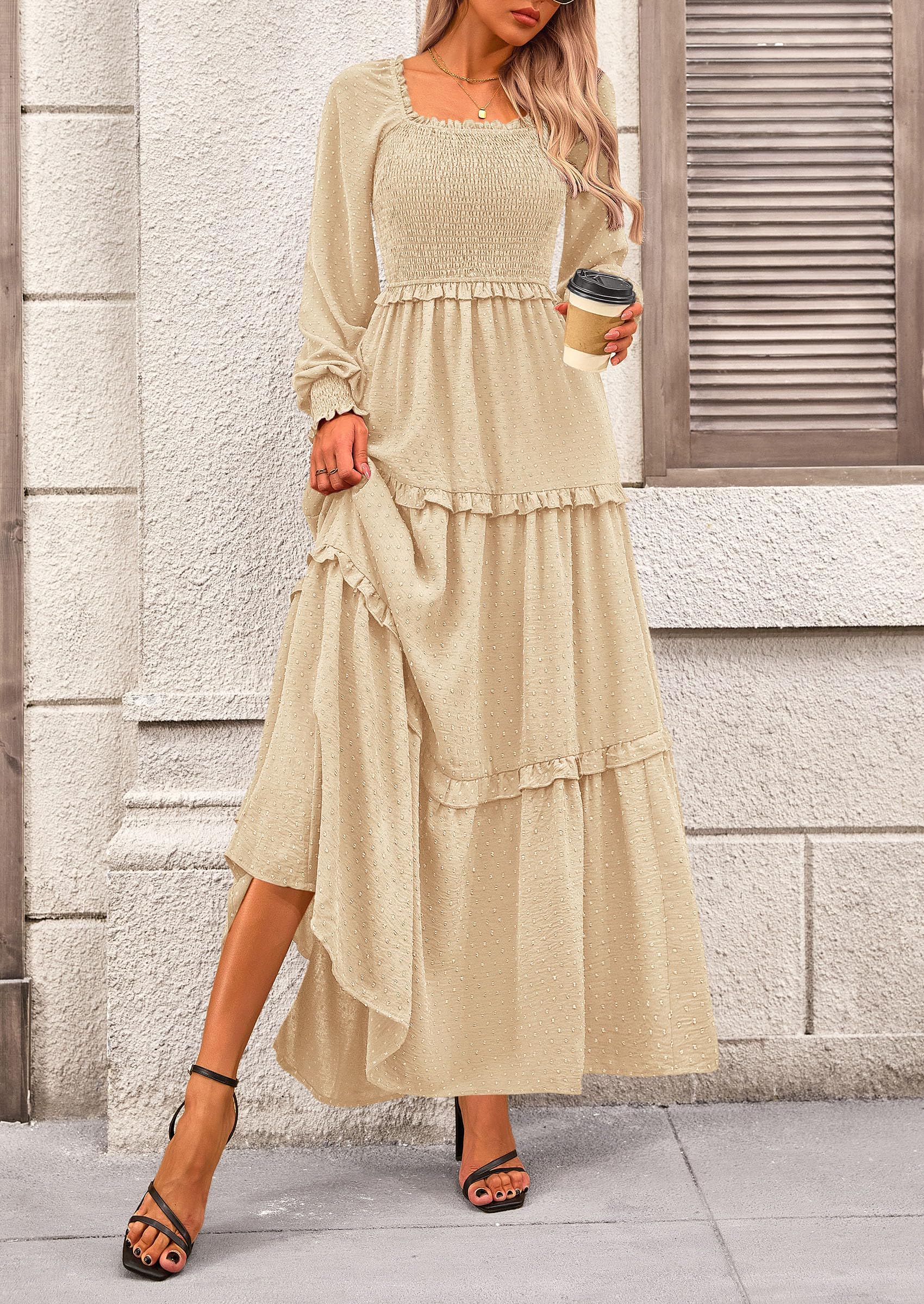 PRETTYGARDEN Women Fall Long Sleeve Smocked Maxi Dress Casual Square Neck Swiss Dot Tiered Ruffle Flowy Spring Pocket Dresses - Image 4