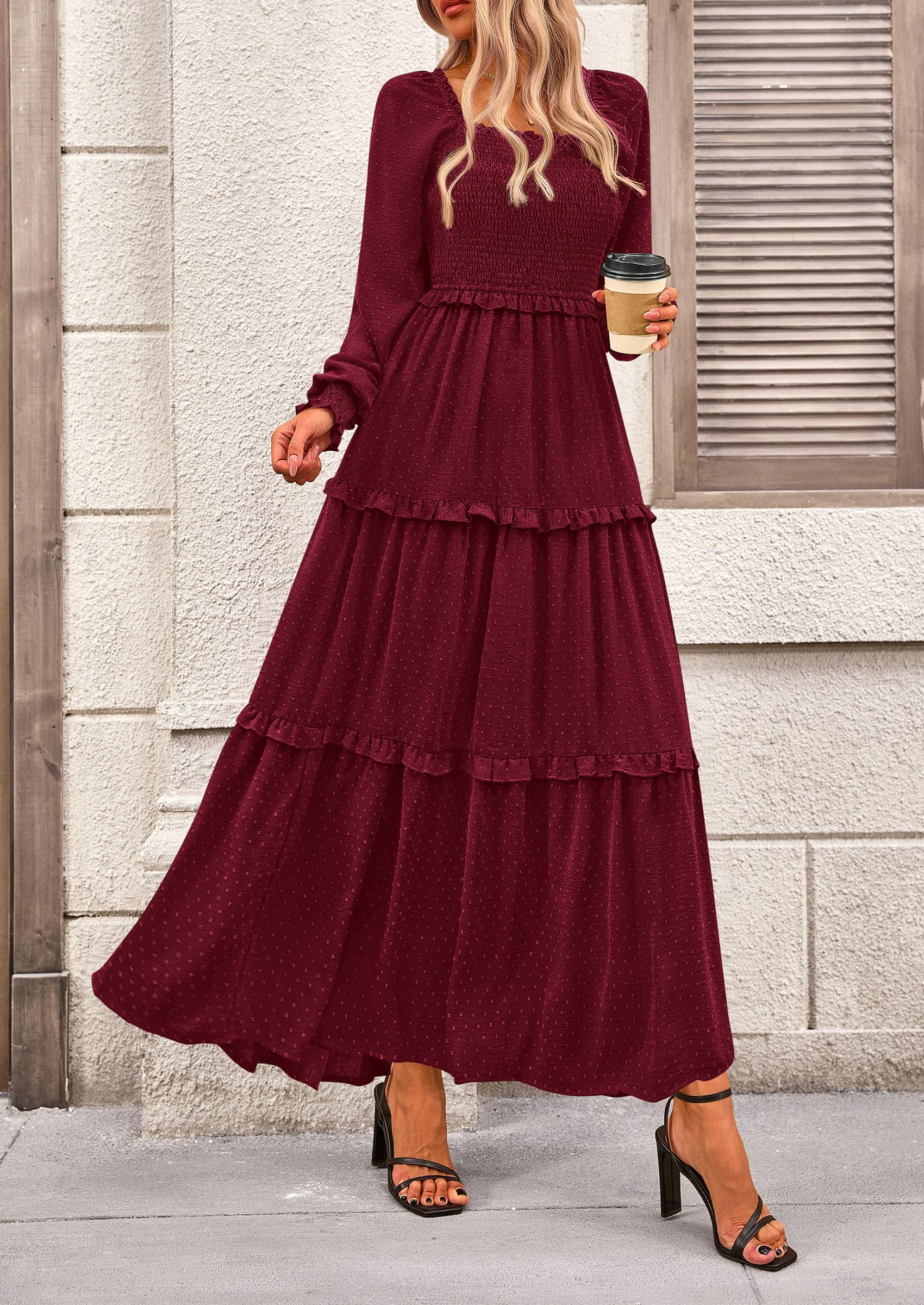 PRETTYGARDEN Women Fall Long Sleeve Smocked Maxi Dress Casual Square Neck Swiss Dot Tiered Ruffle Flowy Spring Pocket Dresses - Image 41