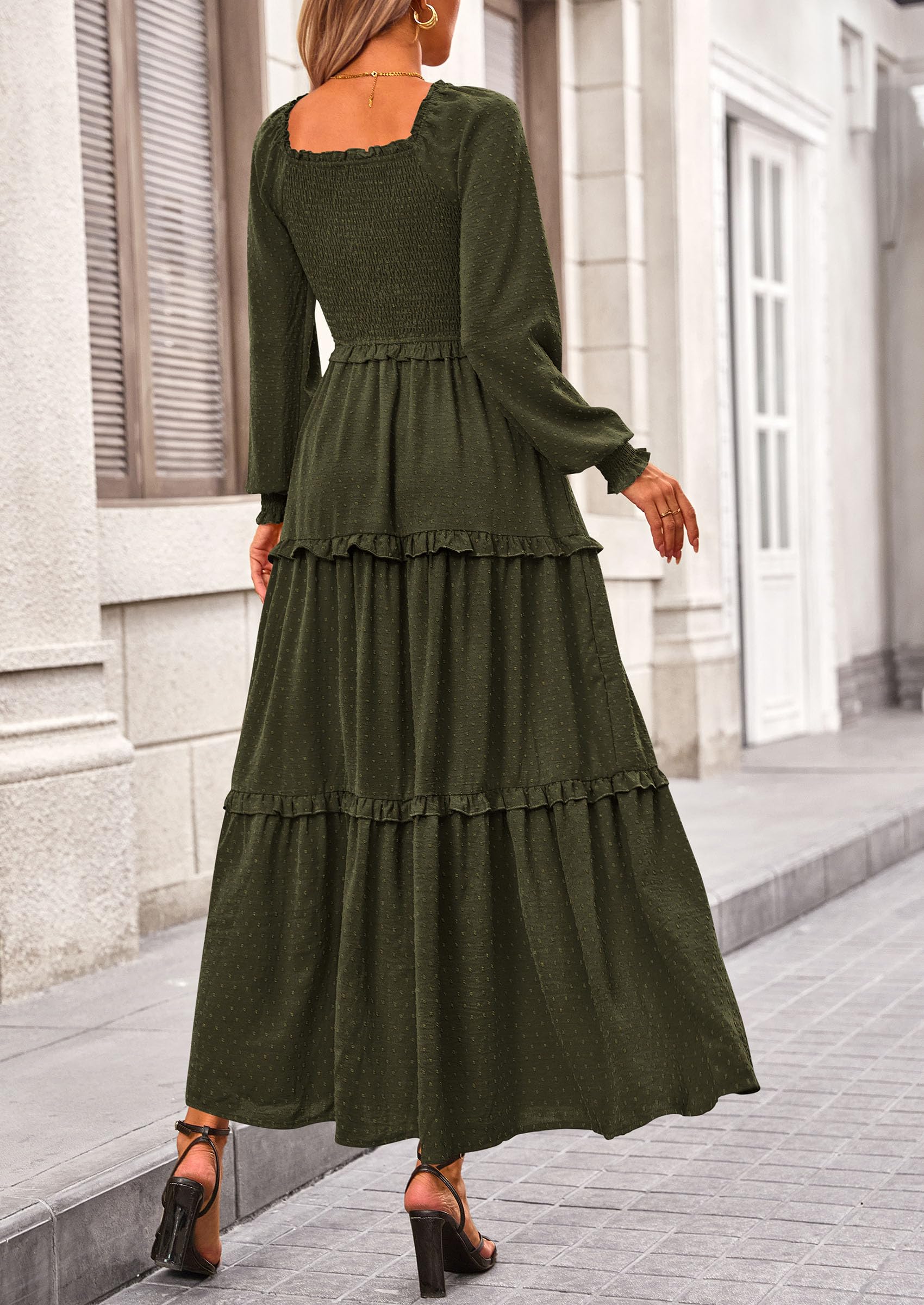 PRETTYGARDEN Women Fall Long Sleeve Smocked Maxi Dress Casual Square Neck Swiss Dot Tiered Ruffle Flowy Spring Pocket Dresses - Image 43