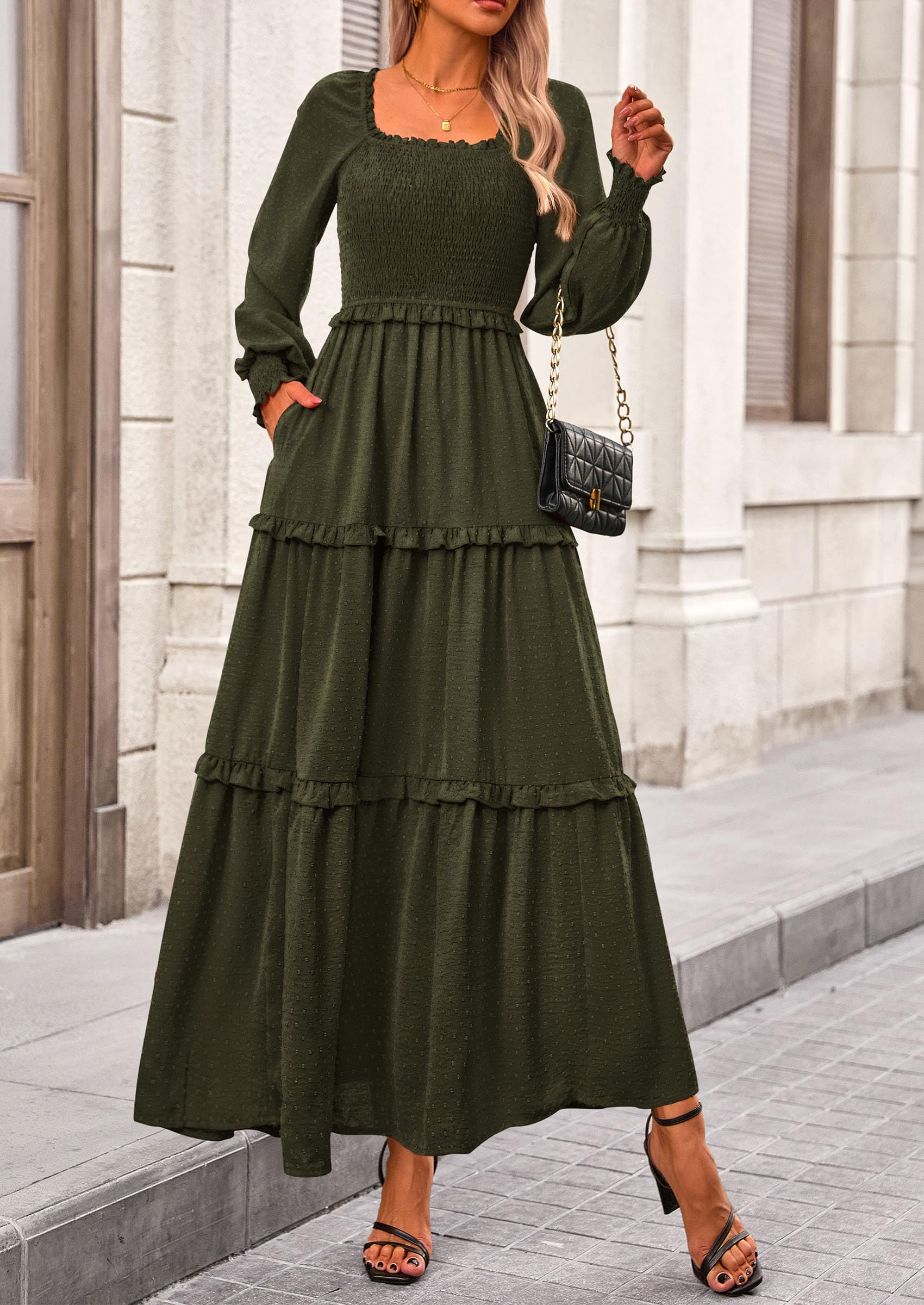PRETTYGARDEN Women Fall Long Sleeve Smocked Maxi Dress Casual Square Neck Swiss Dot Tiered Ruffle Flowy Spring Pocket Dresses - Image 45