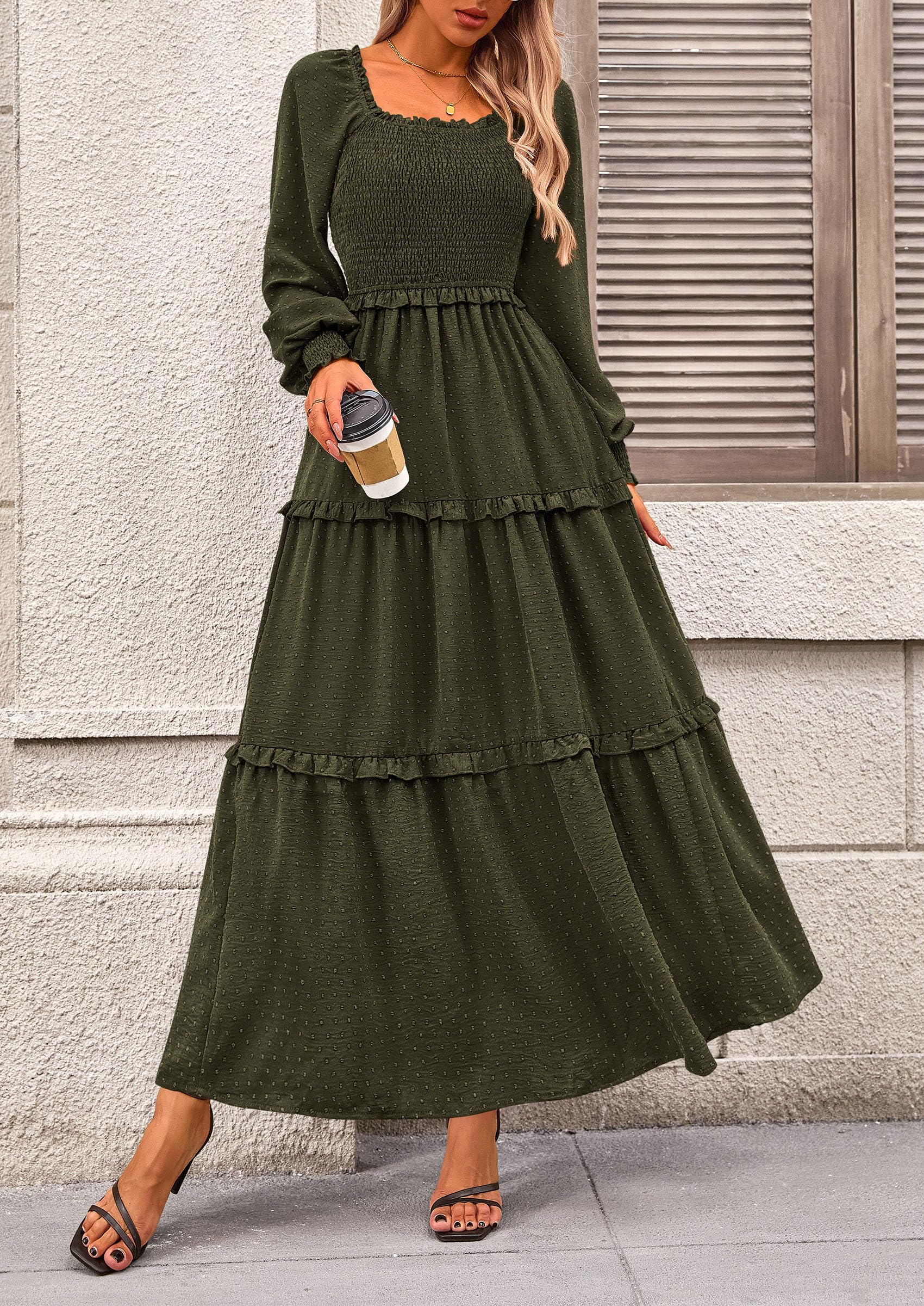 PRETTYGARDEN Women Fall Long Sleeve Smocked Maxi Dress Casual Square Neck Swiss Dot Tiered Ruffle Flowy Spring Pocket Dresses - Image 48