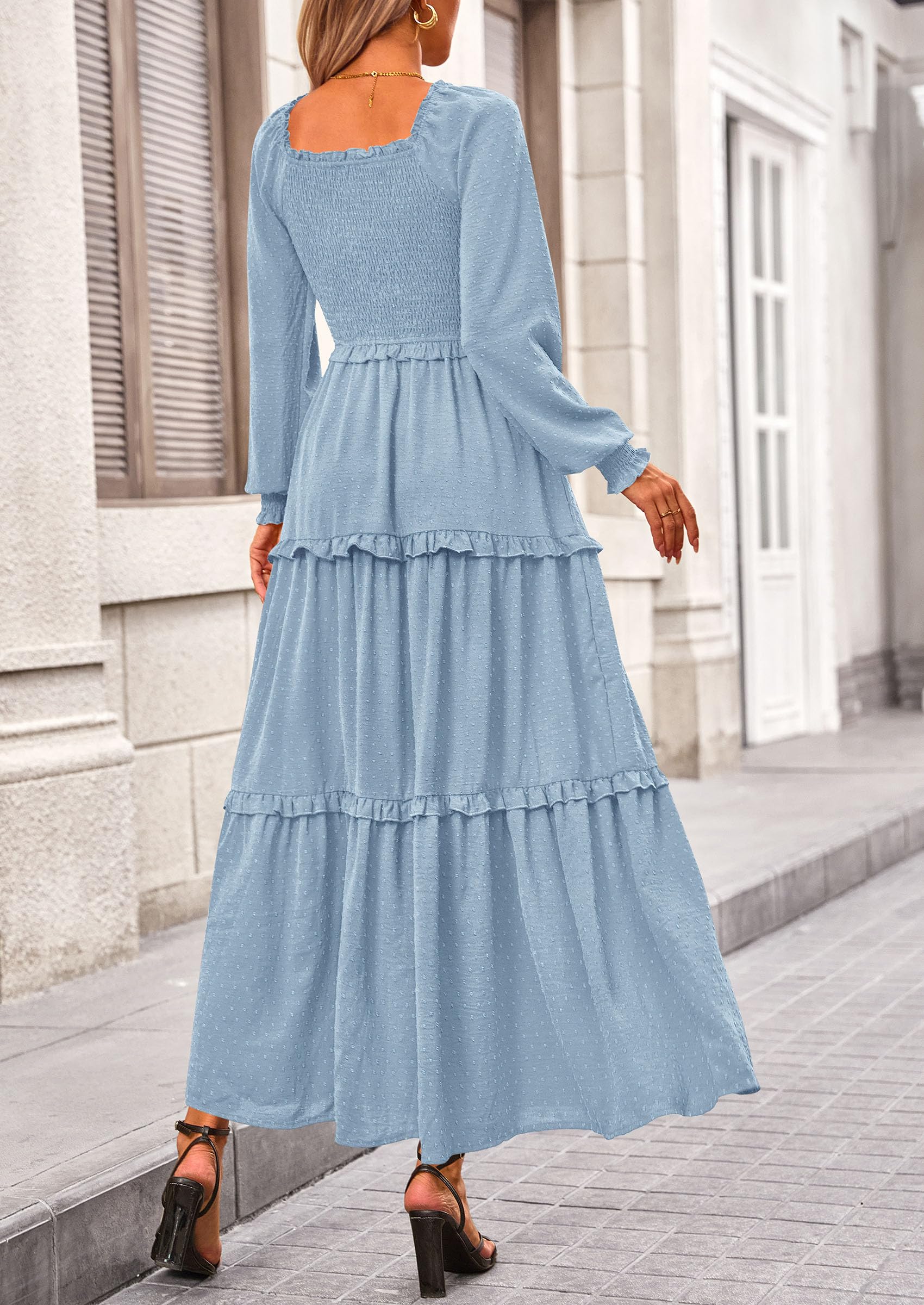 PRETTYGARDEN Women Fall Long Sleeve Smocked Maxi Dress Casual Square Neck Swiss Dot Tiered Ruffle Flowy Spring Pocket Dresses - Image 51