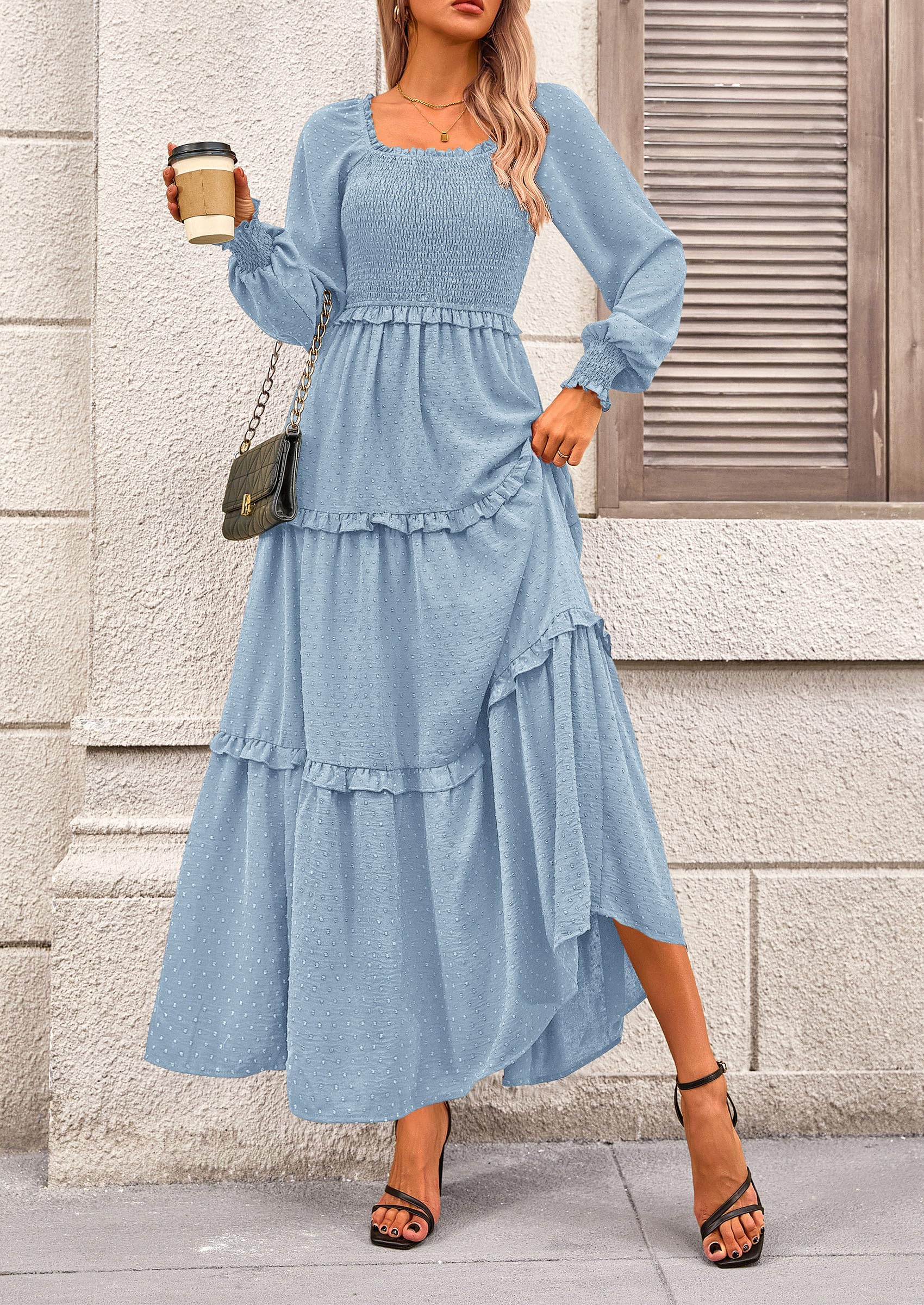 PRETTYGARDEN Women Fall Long Sleeve Smocked Maxi Dress Casual Square Neck Swiss Dot Tiered Ruffle Flowy Spring Pocket Dresses - Image 52