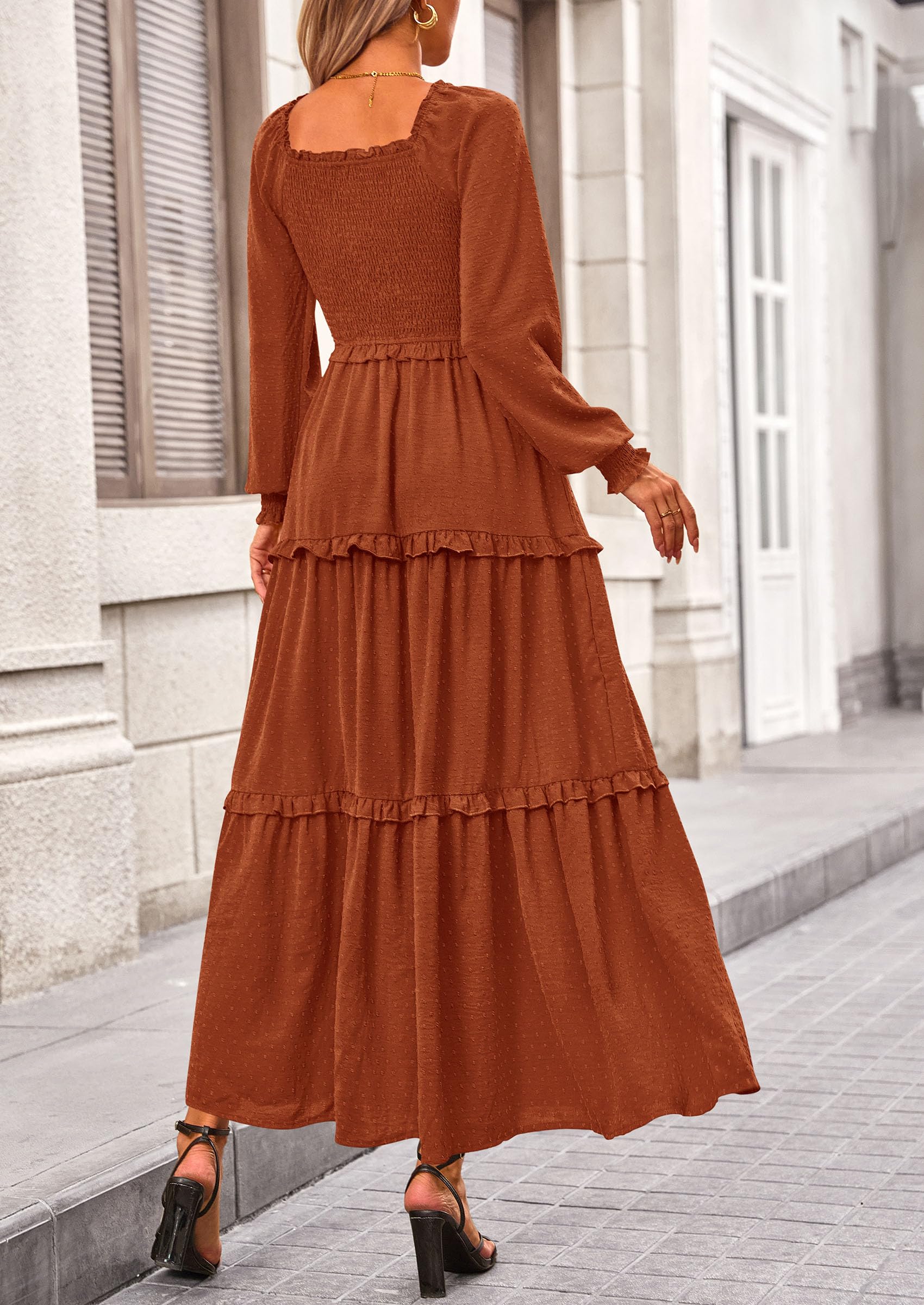 PRETTYGARDEN Women Fall Long Sleeve Smocked Maxi Dress Casual Square Neck Swiss Dot Tiered Ruffle Flowy Spring Pocket Dresses - Image 59