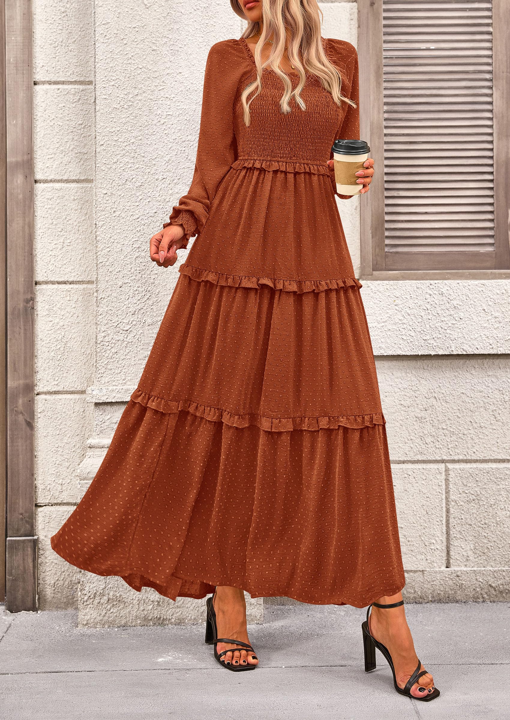 PRETTYGARDEN Women Fall Long Sleeve Smocked Maxi Dress Casual Square Neck Swiss Dot Tiered Ruffle Flowy Spring Pocket Dresses - Image 61