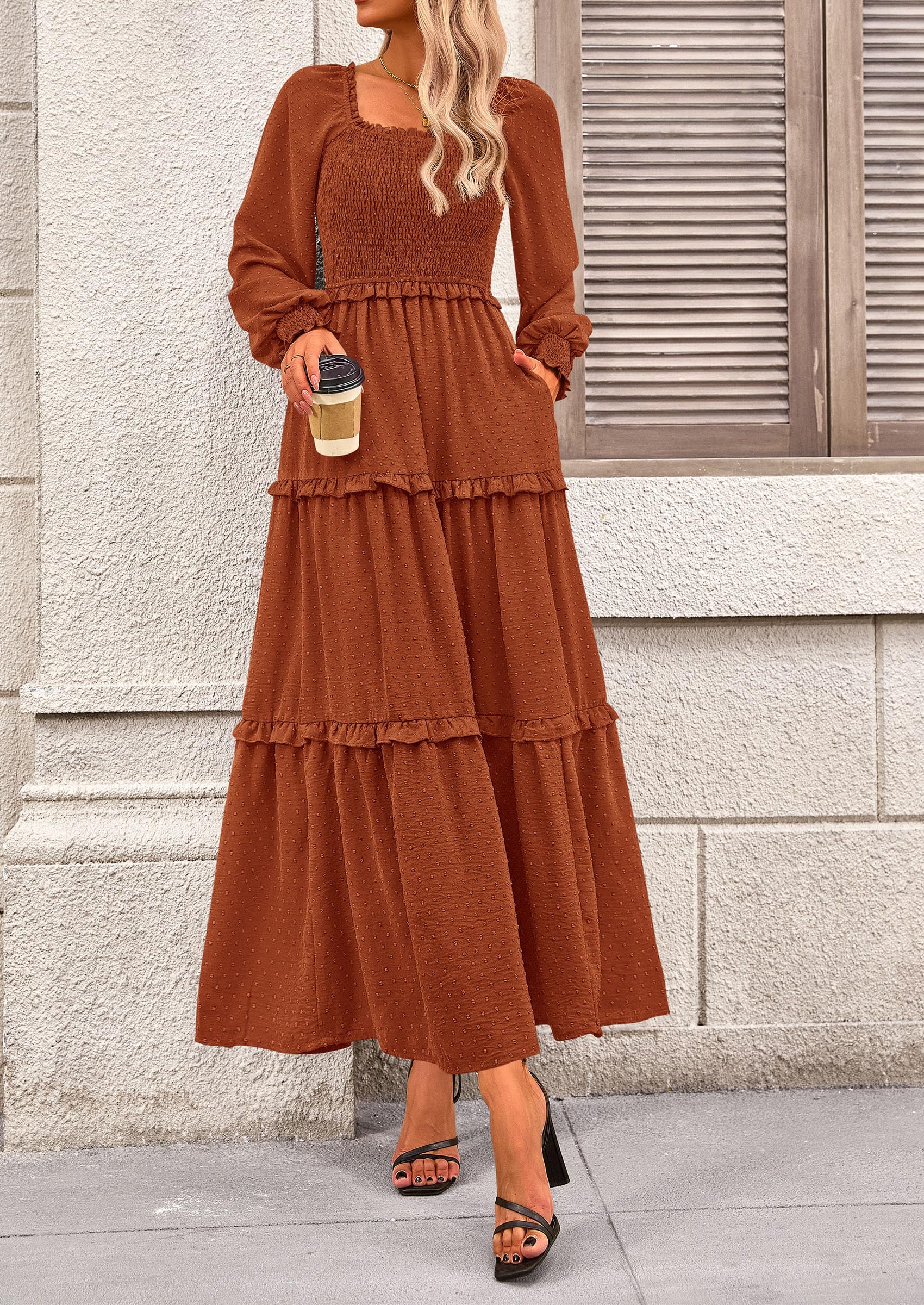 PRETTYGARDEN Women Fall Long Sleeve Smocked Maxi Dress Casual Square Neck Swiss Dot Tiered Ruffle Flowy Spring Pocket Dresses - Image 63