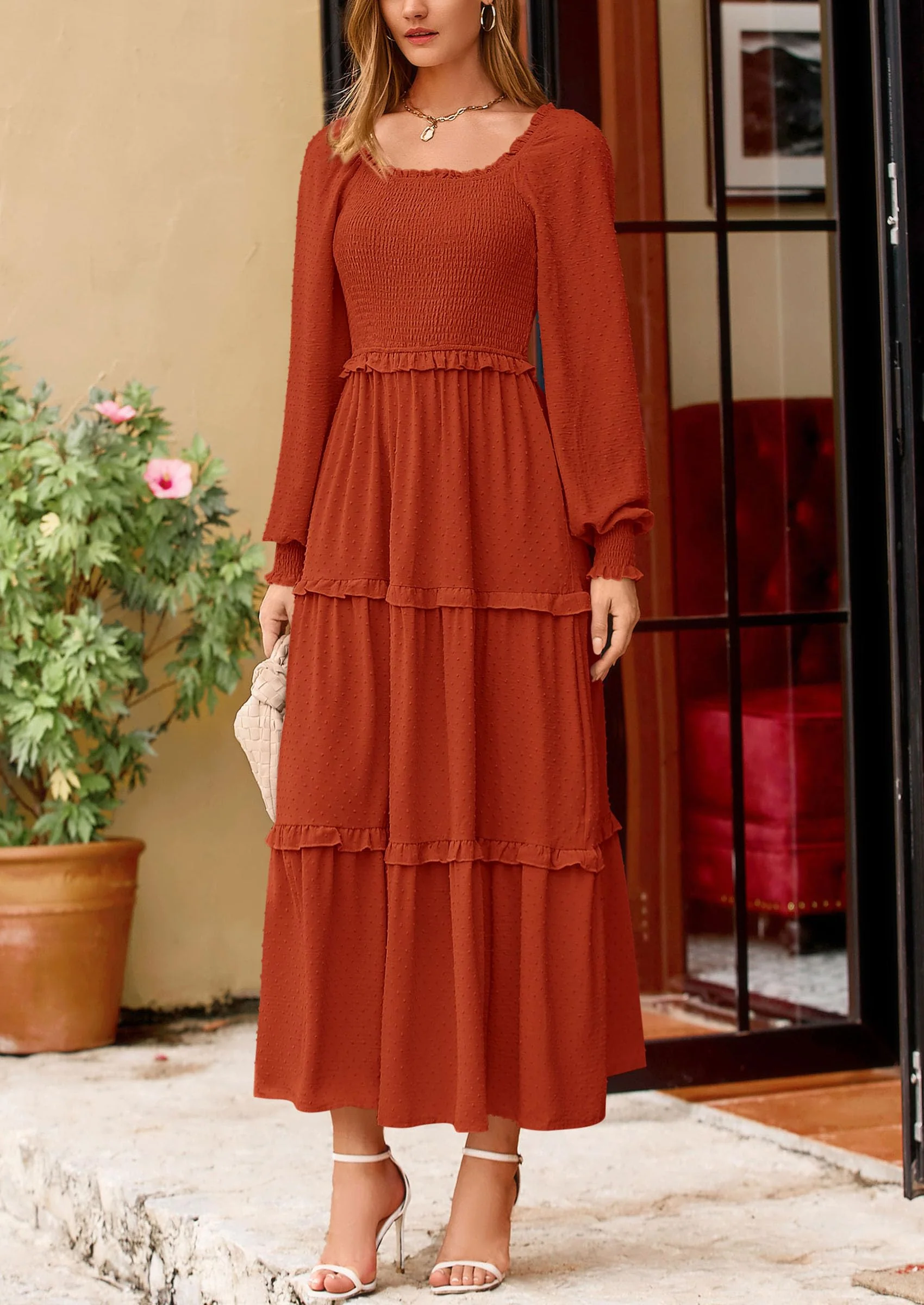 PRETTYGARDEN Women Fall Long Sleeve Smocked Maxi Dress Casual Square Neck Swiss Dot Tiered Ruffle Flowy Spring Pocket Dresses - Image 67