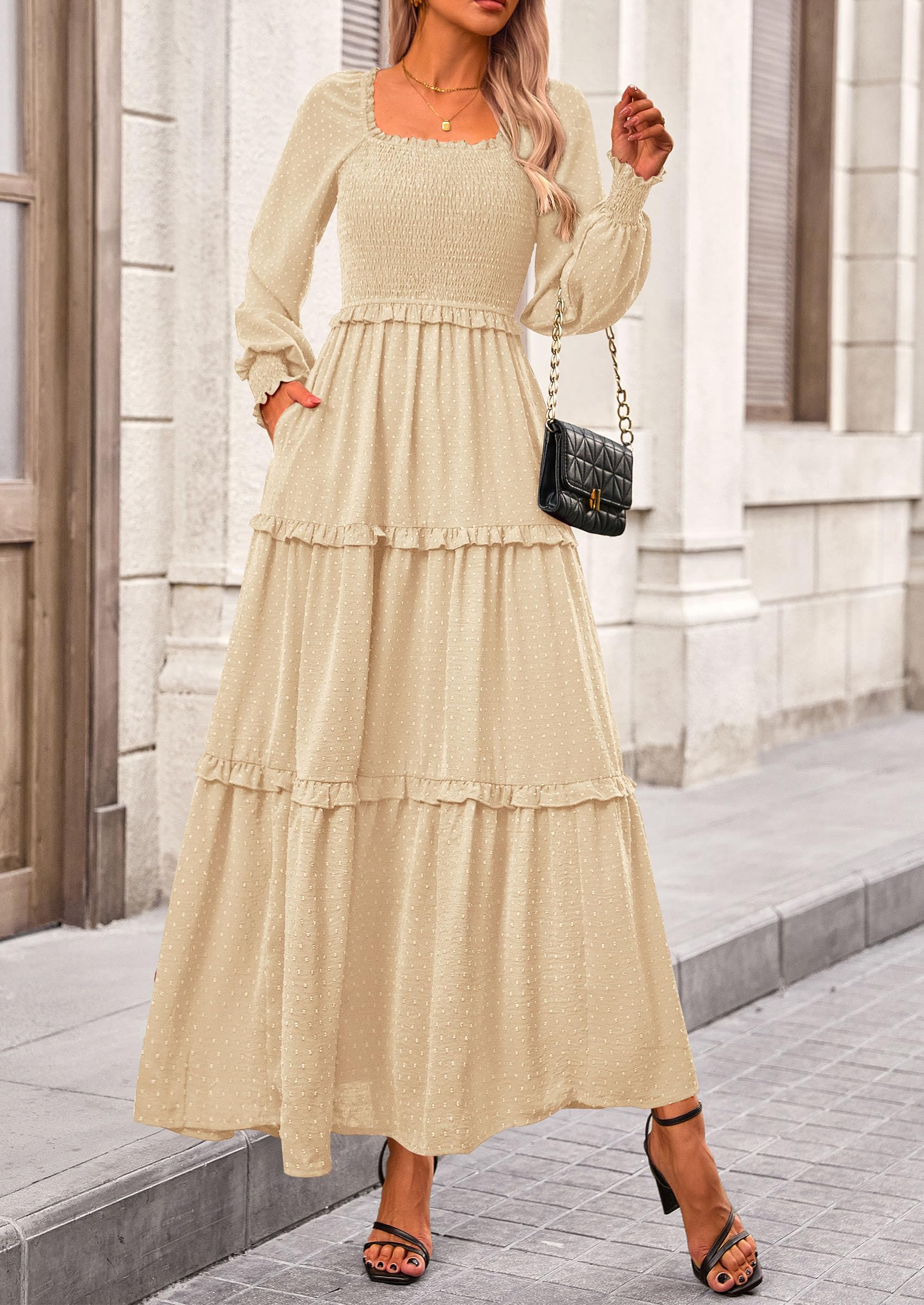 PRETTYGARDEN Women Fall Long Sleeve Smocked Maxi Dress Casual Square Neck Swiss Dot Tiered Ruffle Flowy Spring Pocket Dresses - Image 8