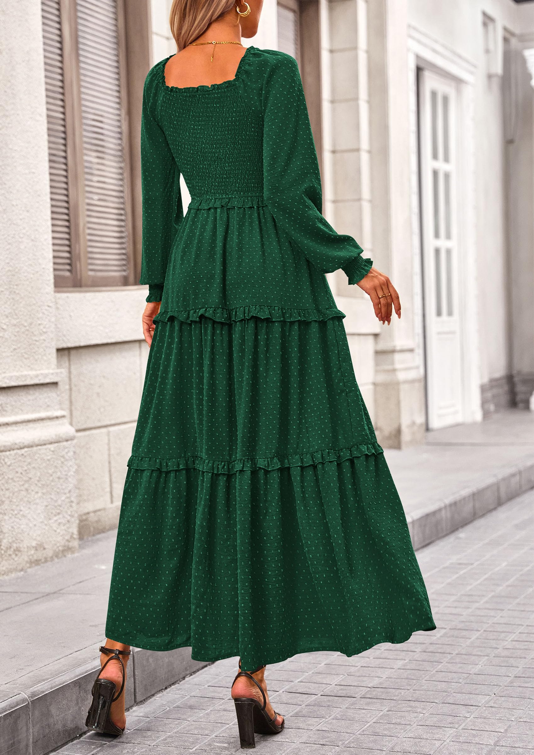 PRETTYGARDEN Women Fall Long Sleeve Smocked Maxi Dress Casual Square Neck Swiss Dot Tiered Ruffle Flowy Spring Pocket Dresses - Image 88