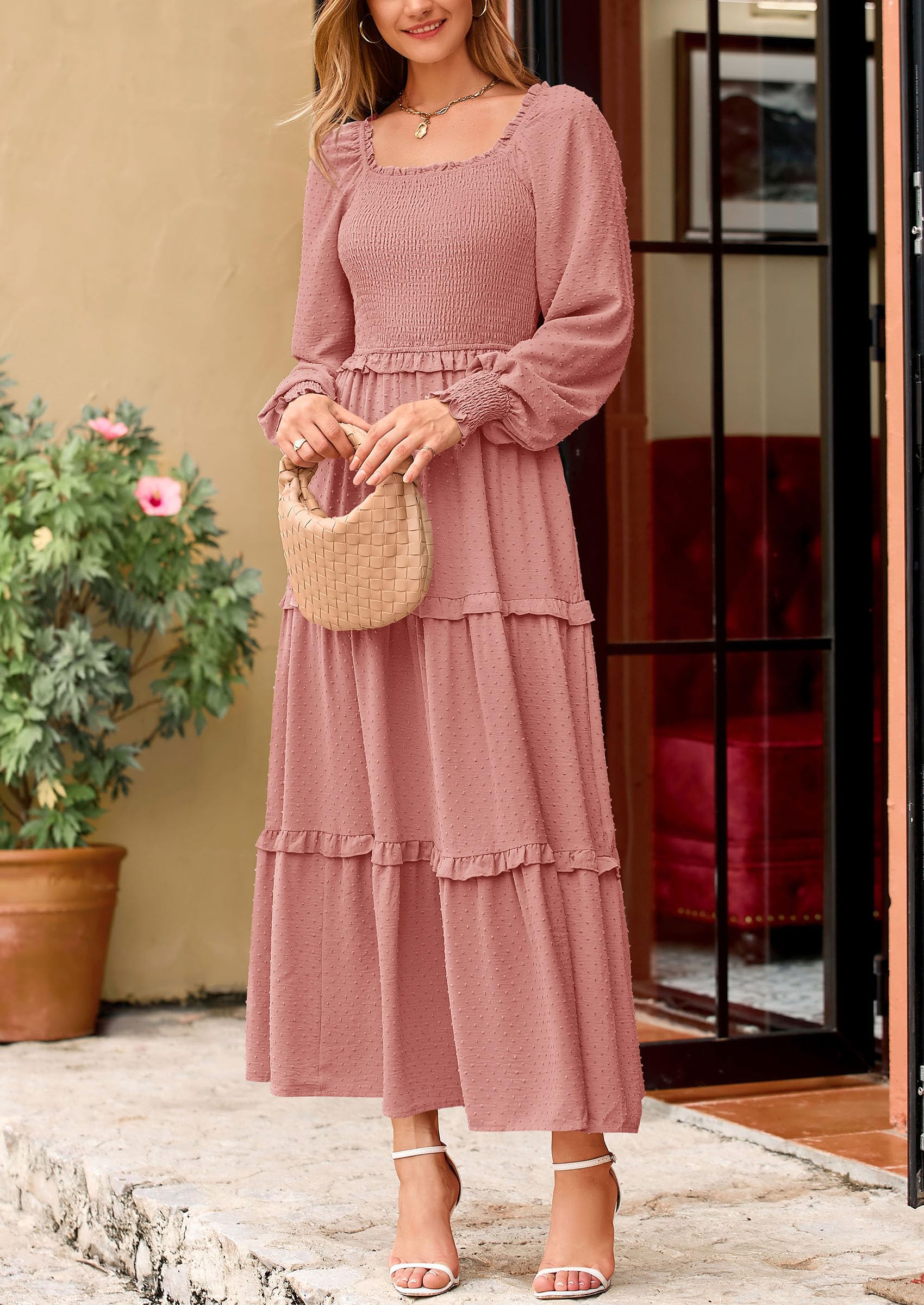 PRETTYGARDEN Women Fall Long Sleeve Smocked Maxi Dress Casual Square Neck Swiss Dot Tiered Ruffle Flowy Spring Pocket Dresses - Image 96