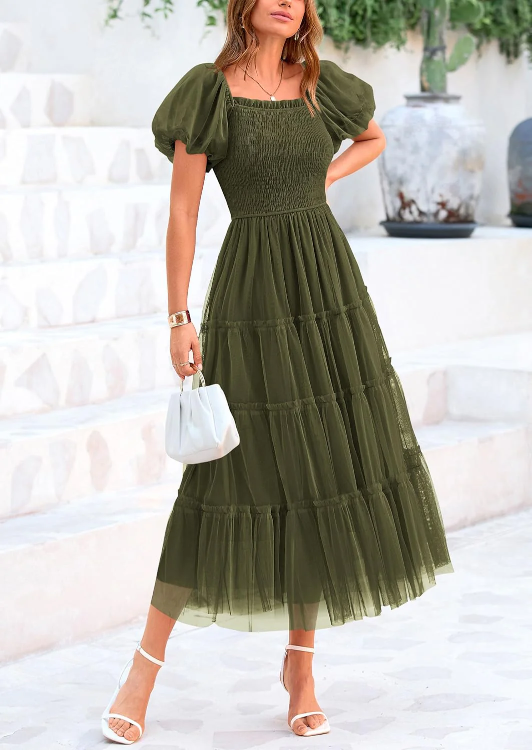 PRETTYGARDEN Women's Smocked Tulle Midi Dress Square Neck Puffy Short Sleeve Ruffle Wedding Guest Party Dresses - Image 11