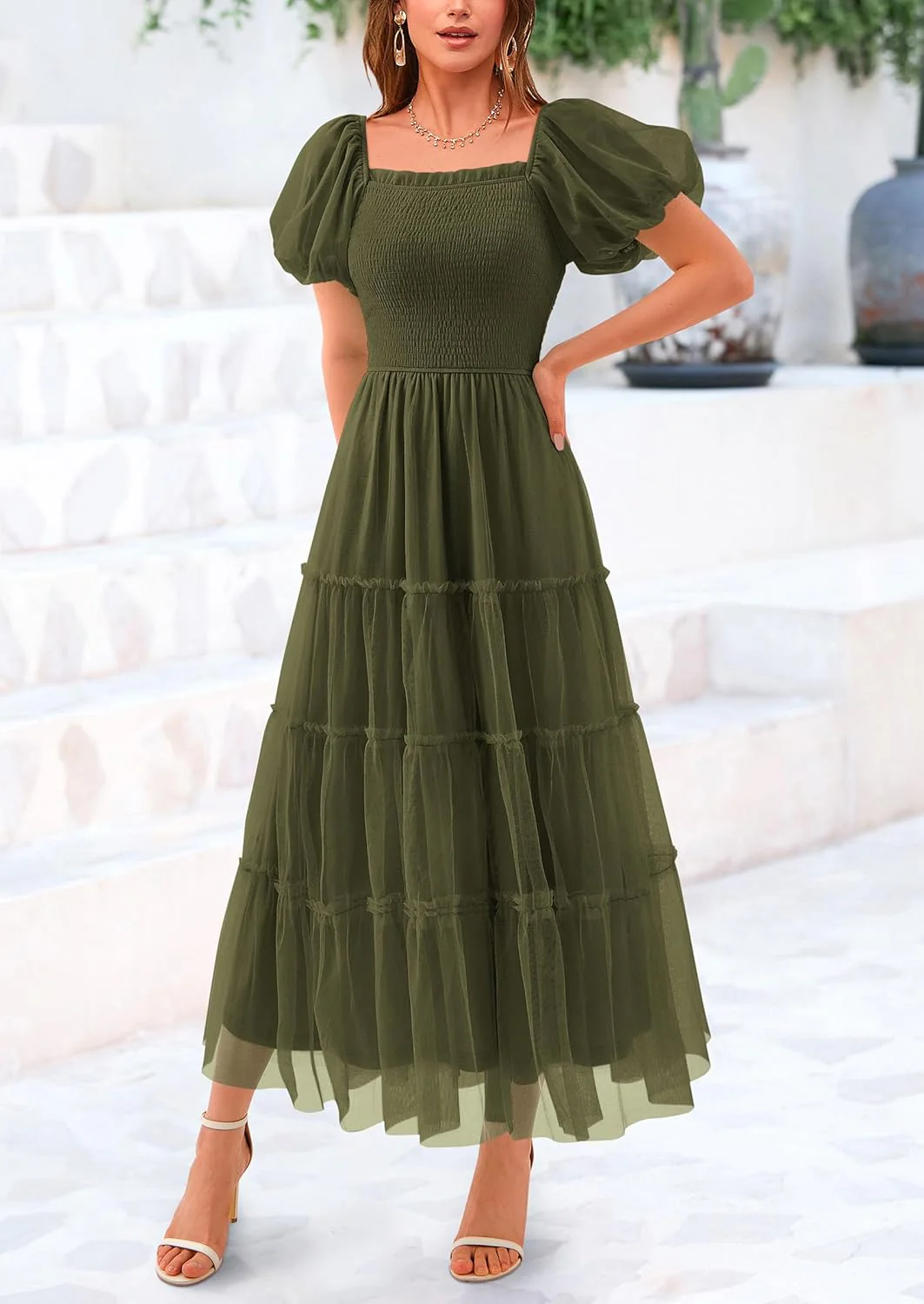 PRETTYGARDEN Women's Smocked Tulle Midi Dress Square Neck Puffy Short Sleeve Ruffle Wedding Guest Party Dresses - Image 12