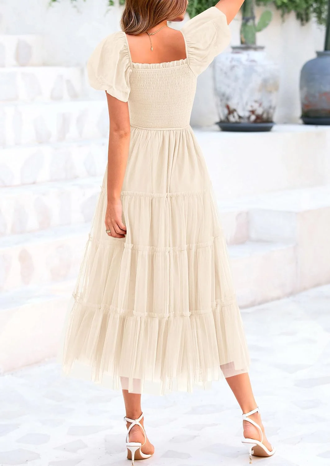 PRETTYGARDEN Women's Smocked Tulle Midi Dress Square Neck Puffy Short Sleeve Ruffle Wedding Guest Party Dresses - Image 17