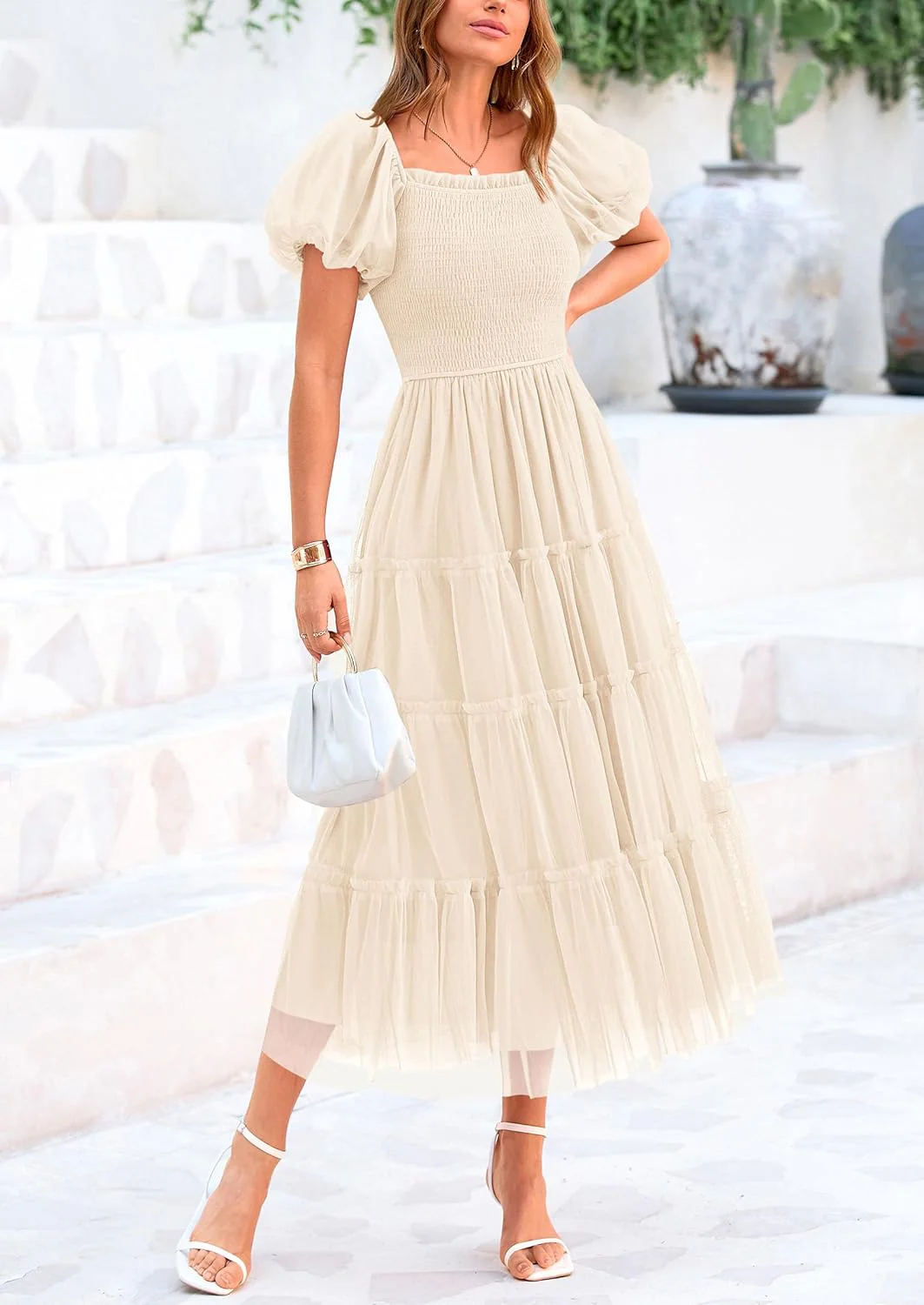 PRETTYGARDEN Women's Smocked Tulle Midi Dress Square Neck Puffy Short Sleeve Ruffle Wedding Guest Party Dresses - Image 18