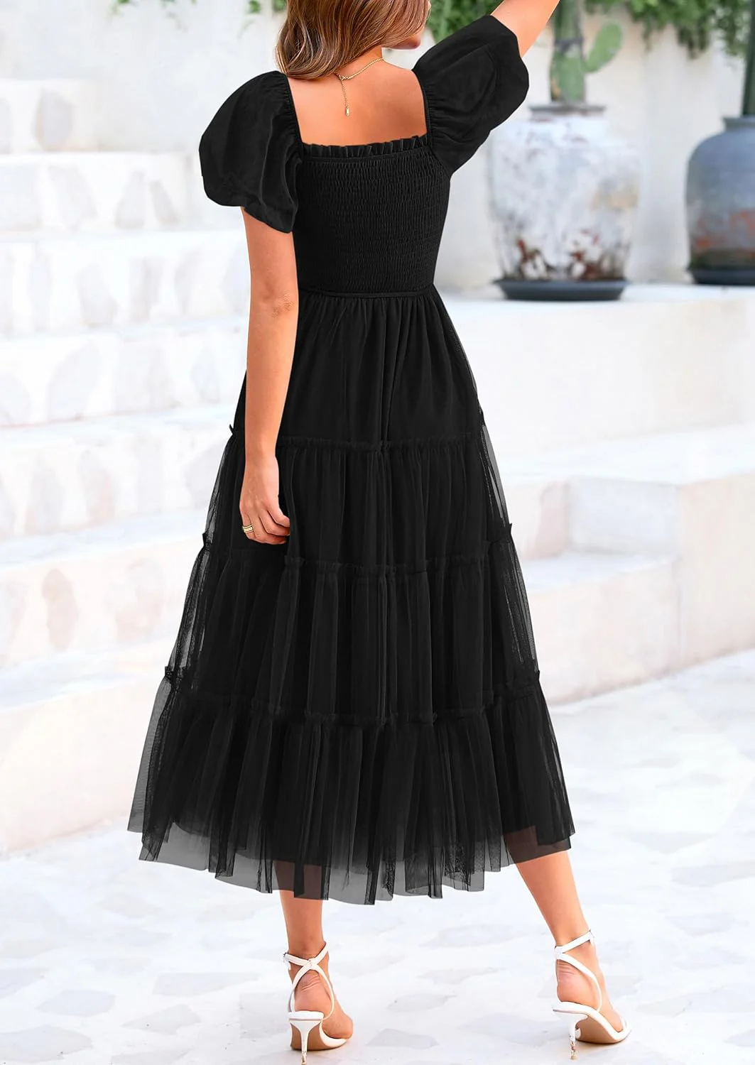PRETTYGARDEN Women's Smocked Tulle Midi Dress Square Neck Puffy Short Sleeve Ruffle Wedding Guest Party Dresses - Image 25