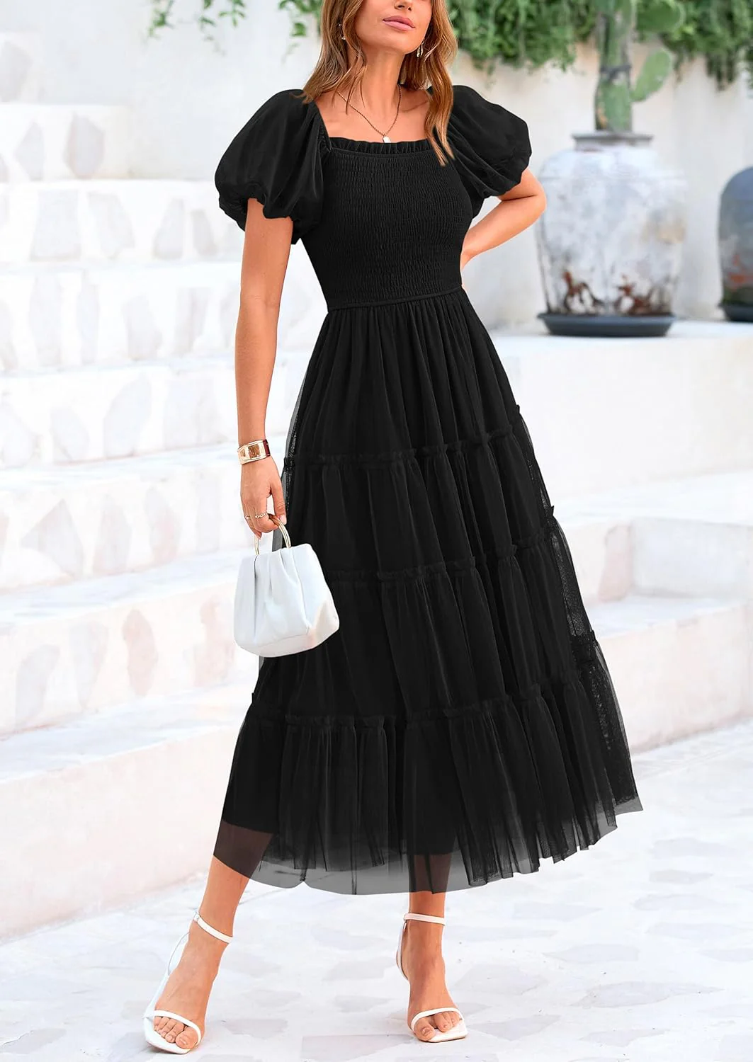 PRETTYGARDEN Women's Smocked Tulle Midi Dress Square Neck Puffy Short Sleeve Ruffle Wedding Guest Party Dresses - Image 26