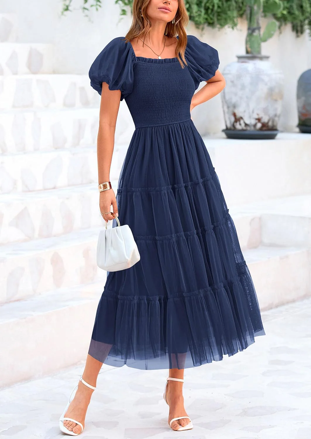 PRETTYGARDEN Women's Smocked Tulle Midi Dress Square Neck Puffy Short Sleeve Ruffle Wedding Guest Party Dresses - Image 48