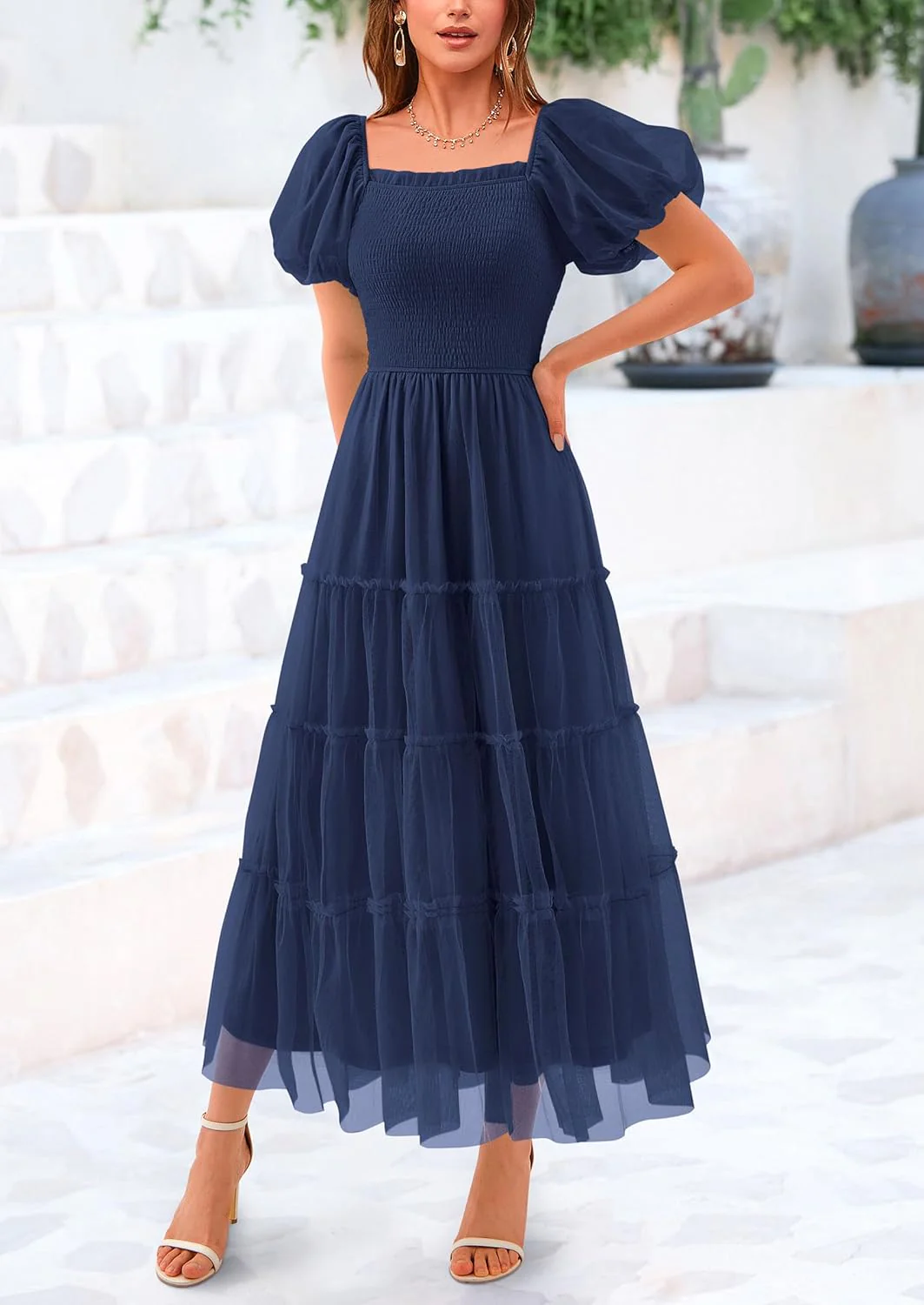PRETTYGARDEN Women's Smocked Tulle Midi Dress Square Neck Puffy Short Sleeve Ruffle Wedding Guest Party Dresses - Image 51