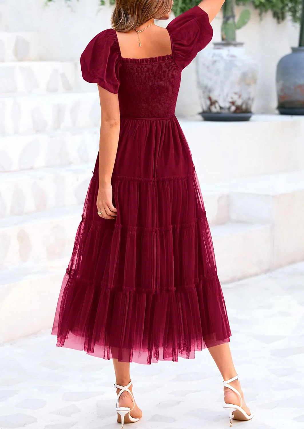 PRETTYGARDEN Women's Smocked Tulle Midi Dress Square Neck Puffy Short Sleeve Ruffle Wedding Guest Party Dresses - Image 54