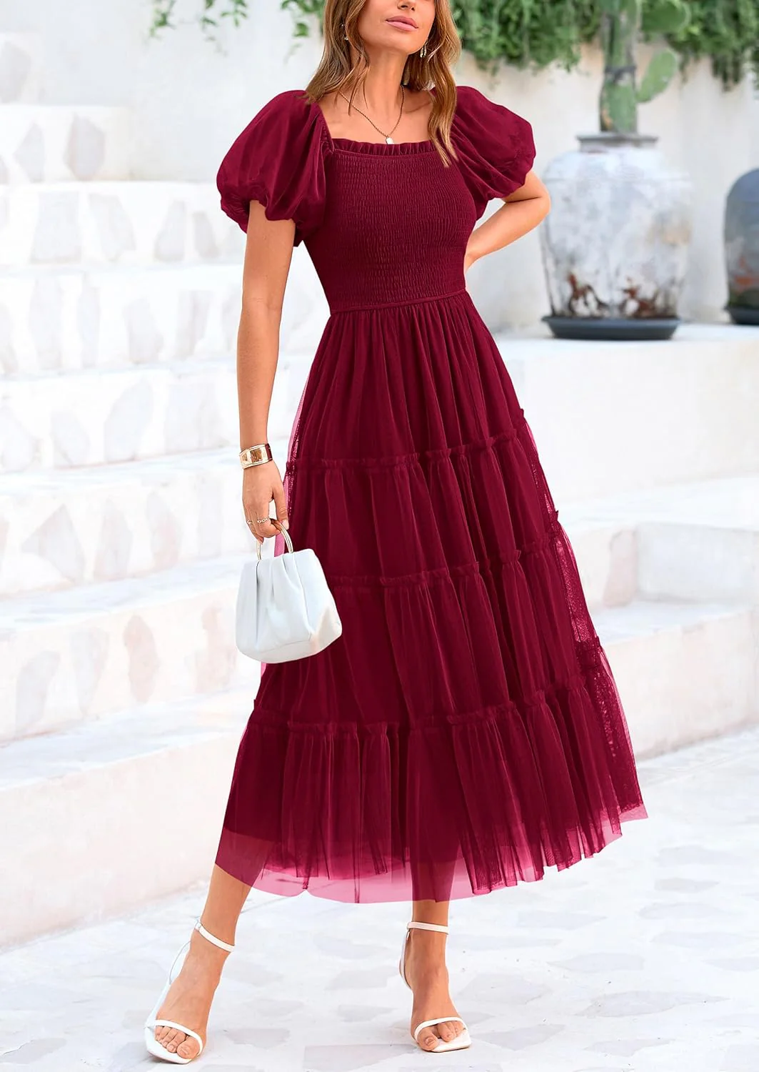 PRETTYGARDEN Women's Smocked Tulle Midi Dress Square Neck Puffy Short Sleeve Ruffle Wedding Guest Party Dresses - Image 55