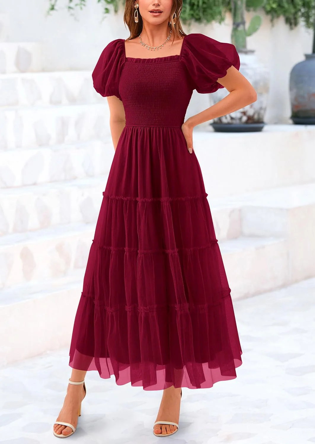 PRETTYGARDEN Women's Smocked Tulle Midi Dress Square Neck Puffy Short Sleeve Ruffle Wedding Guest Party Dresses - Image 56