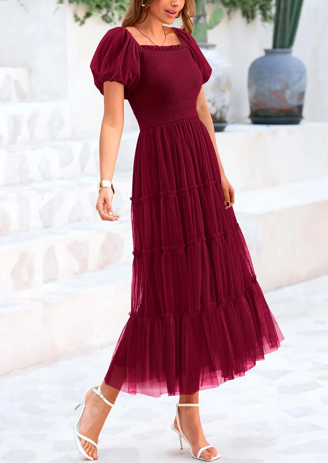 PRETTYGARDEN Women's Smocked Tulle Midi Dress Square Neck Puffy Short Sleeve Ruffle Wedding Guest Party Dresses - Image 58