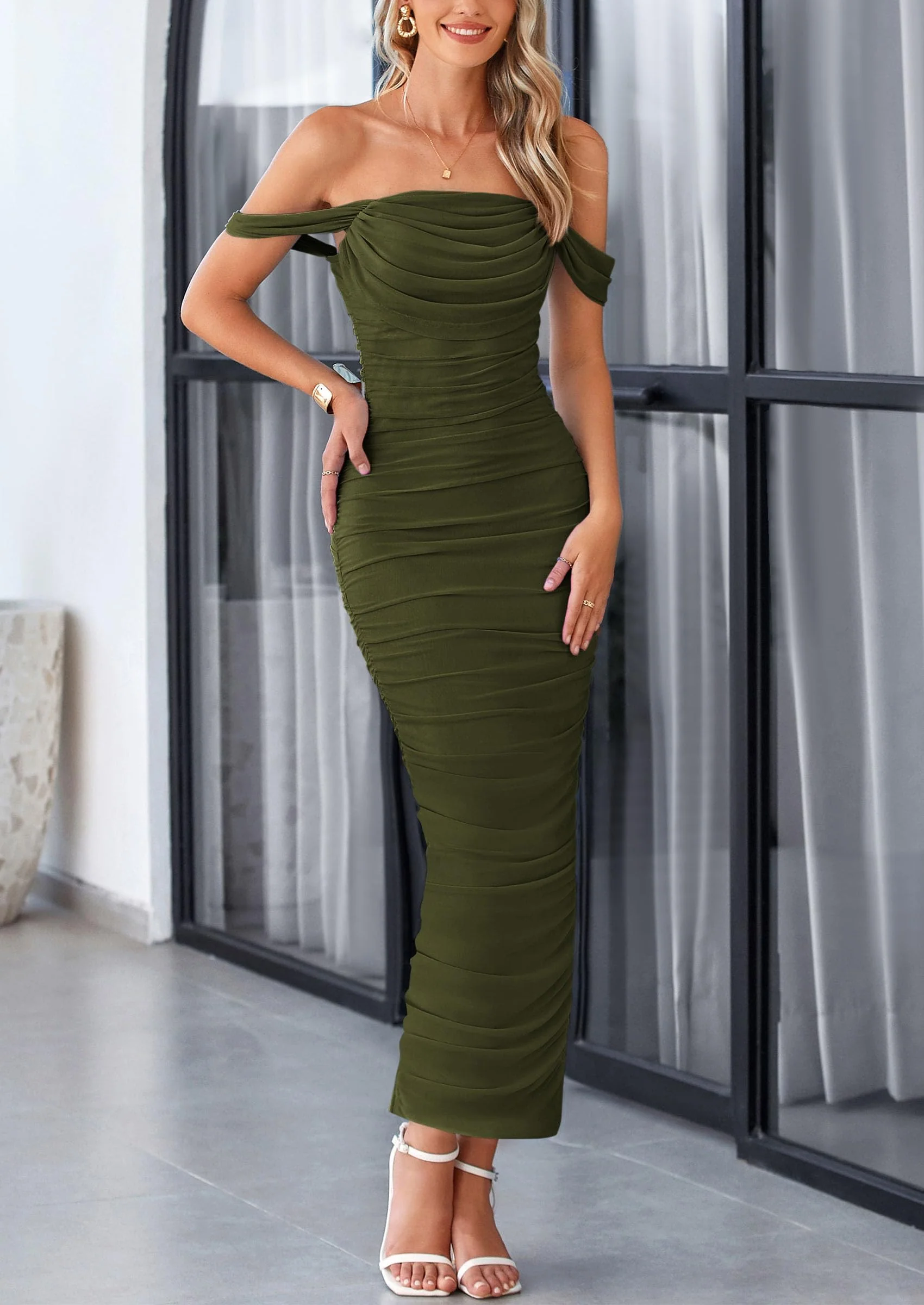 PRETTYGARDEN Womens Off The Shoulder Dress Ruched Bodycon Sleeveless Split Cocktail Party Maxi Dresses - Image 20