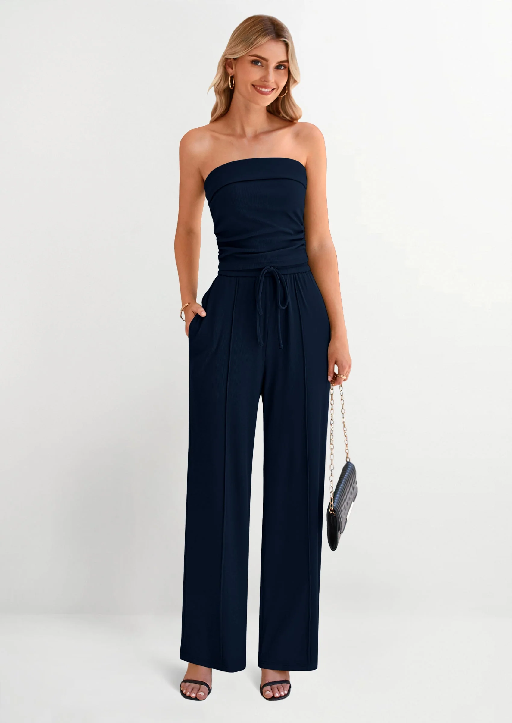 PRETTYGARDEN 2 Piece Sets Casual Ribbed Knit Crop Tube Top Wide Leg Pants Lounge Set - Image 10