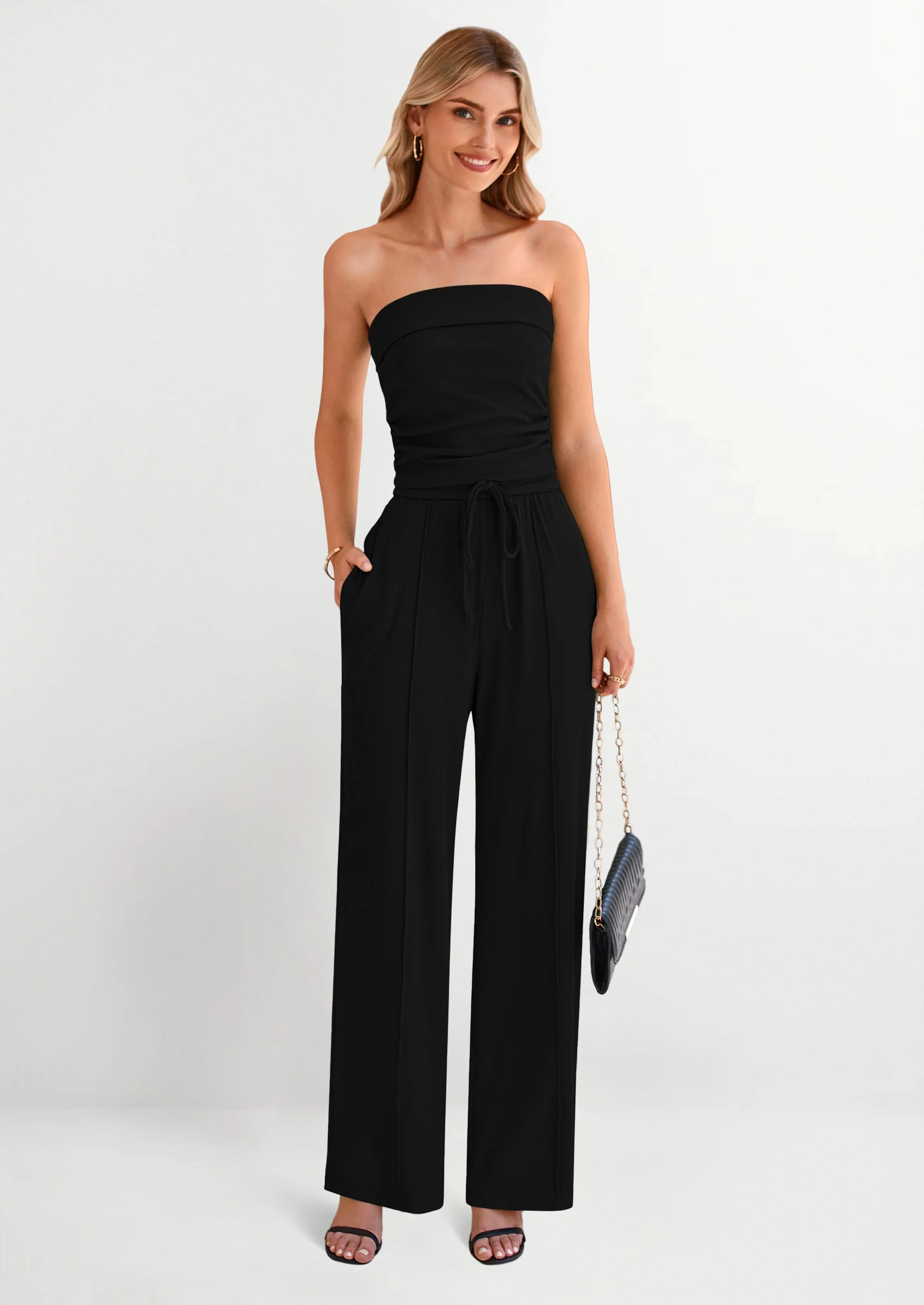 PRETTYGARDEN 2 Piece Sets Casual Ribbed Knit Crop Tube Top Wide Leg Pants Lounge Set - Image 17