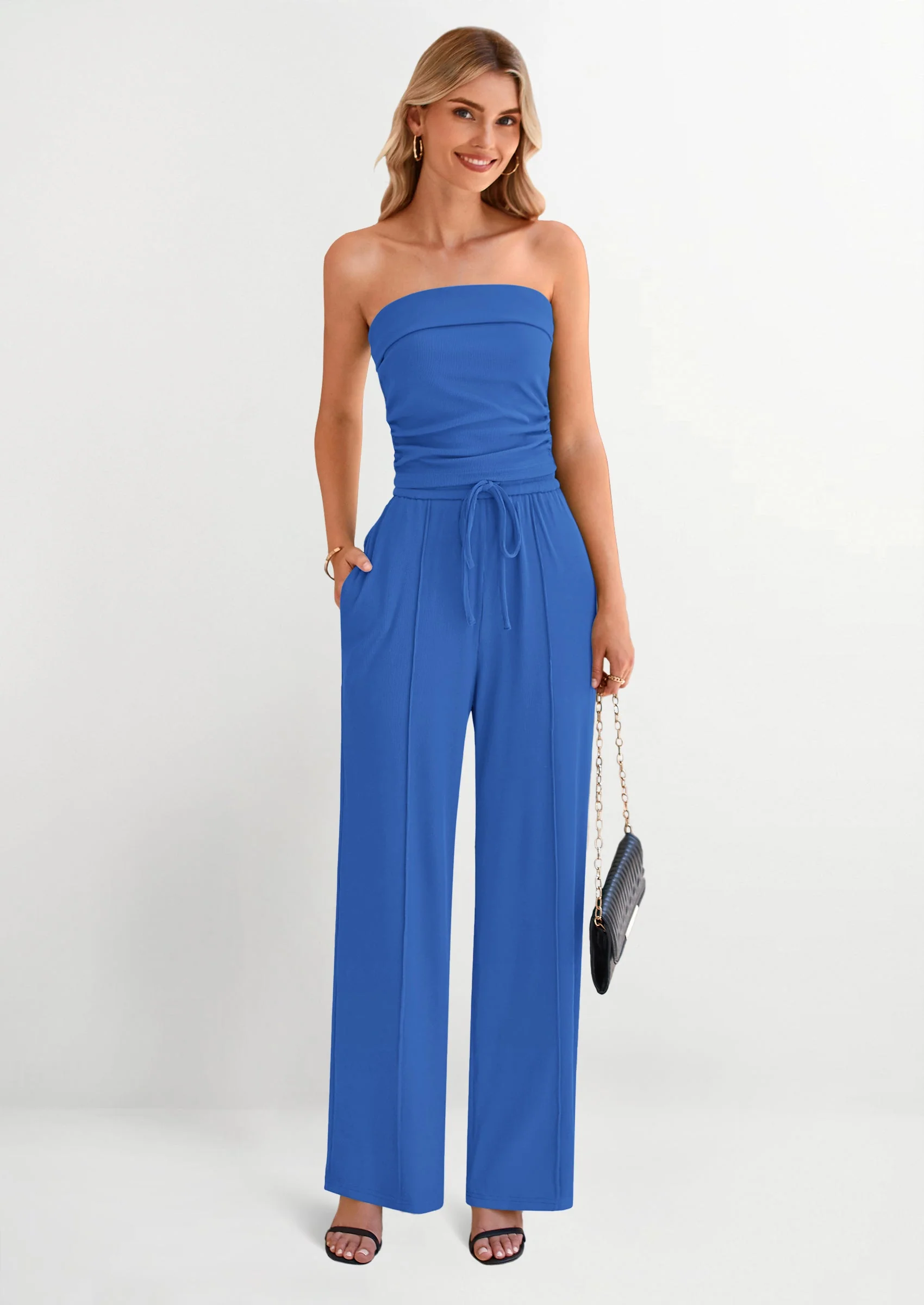 PRETTYGARDEN 2 Piece Sets Casual Ribbed Knit Crop Tube Top Wide Leg Pants Lounge Set - Image 26