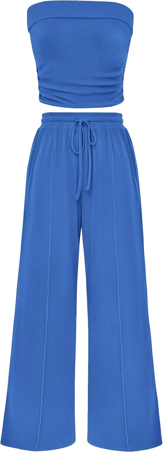 PRETTYGARDEN 2 Piece Sets Casual Ribbed Knit Crop Tube Top Wide Leg Pants Lounge Set - Image 32