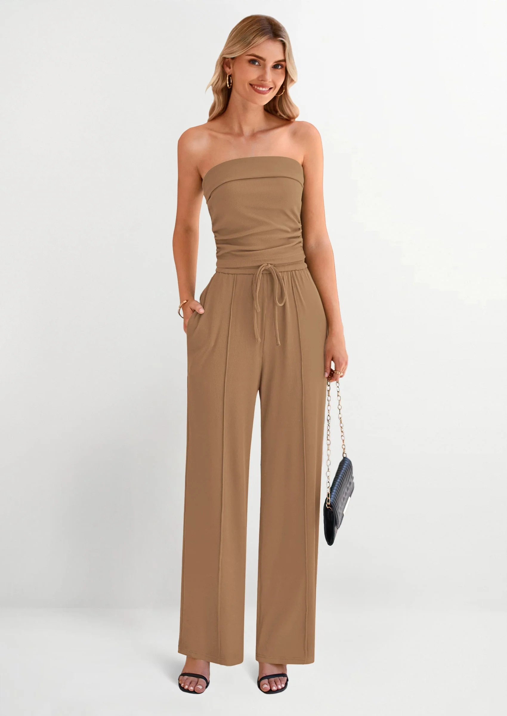 PRETTYGARDEN 2 Piece Sets Casual Ribbed Knit Crop Tube Top Wide Leg Pants Lounge Set - Image 35