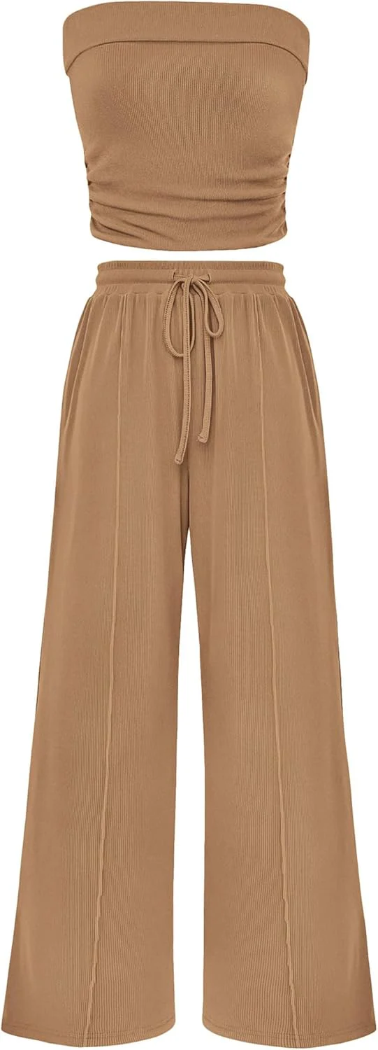 PRETTYGARDEN 2 Piece Sets Casual Ribbed Knit Crop Tube Top Wide Leg Pants Lounge Set - Image 43