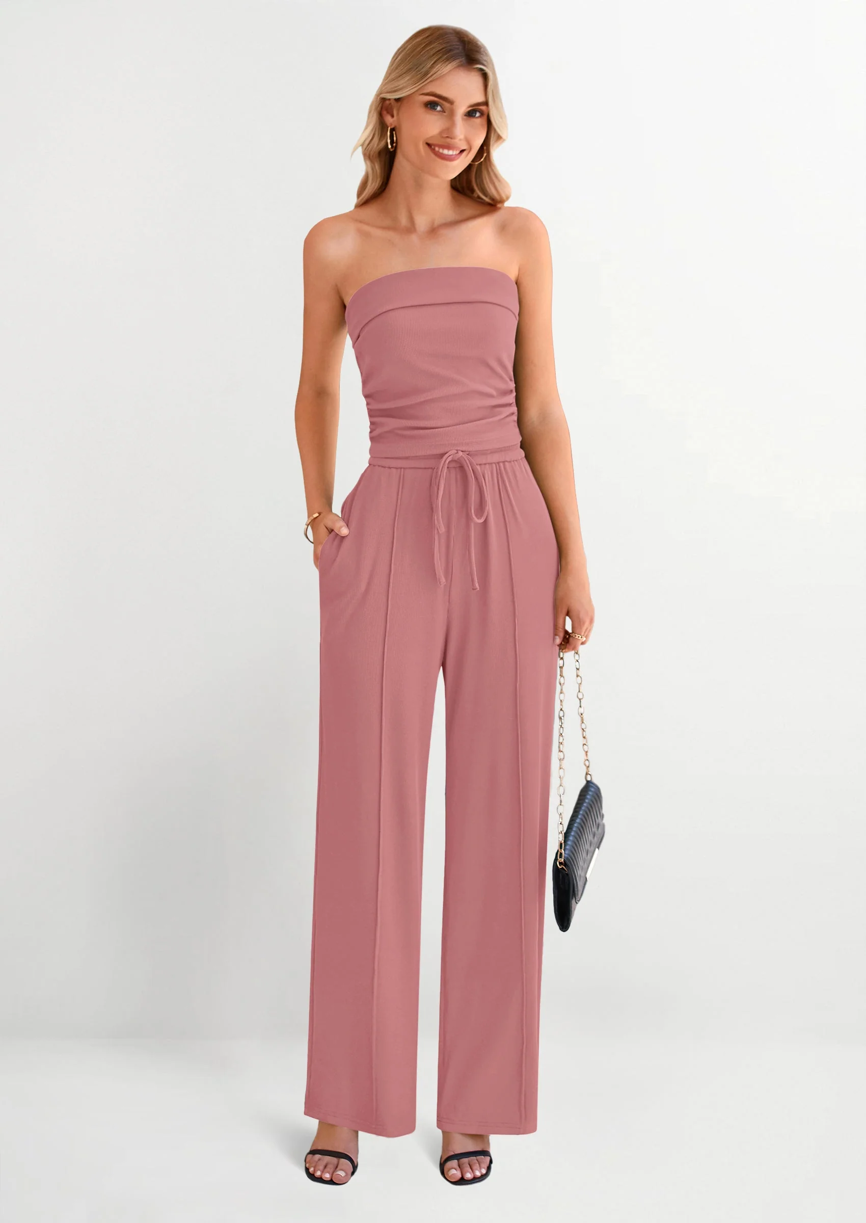 PRETTYGARDEN 2 Piece Sets Casual Ribbed Knit Crop Tube Top Wide Leg Pants Lounge Set - Image 44