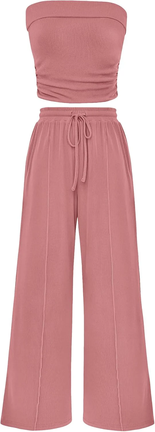 PRETTYGARDEN 2 Piece Sets Casual Ribbed Knit Crop Tube Top Wide Leg Pants Lounge Set - Image 52