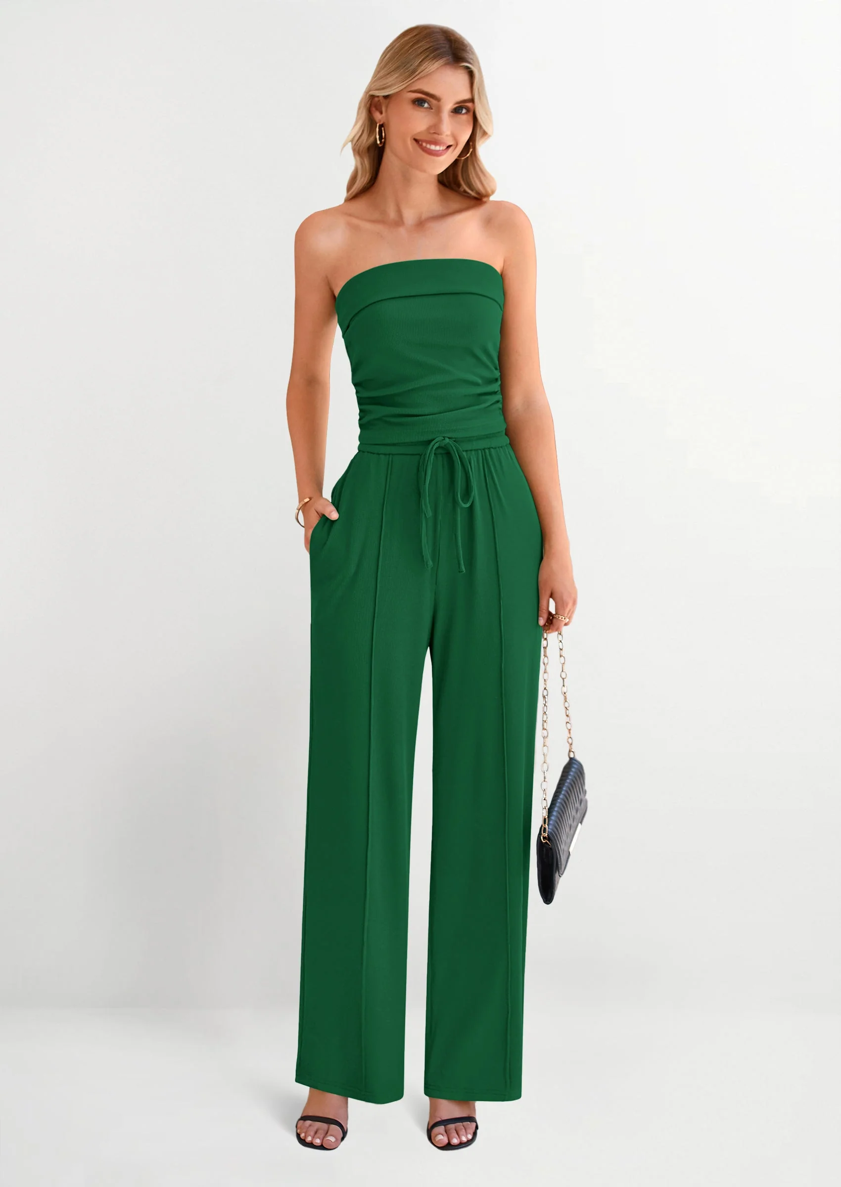 PRETTYGARDEN 2 Piece Sets Casual Ribbed Knit Crop Tube Top Wide Leg Pants Lounge Set - Image 53