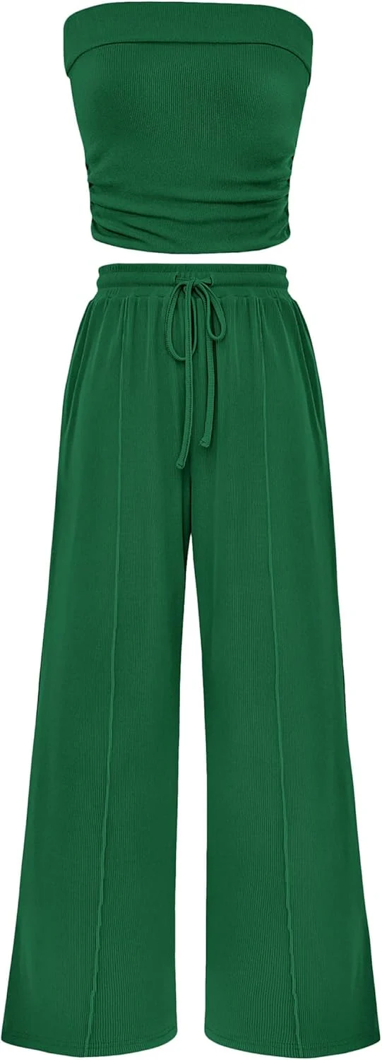 PRETTYGARDEN 2 Piece Sets Casual Ribbed Knit Crop Tube Top Wide Leg Pants Lounge Set - Image 61