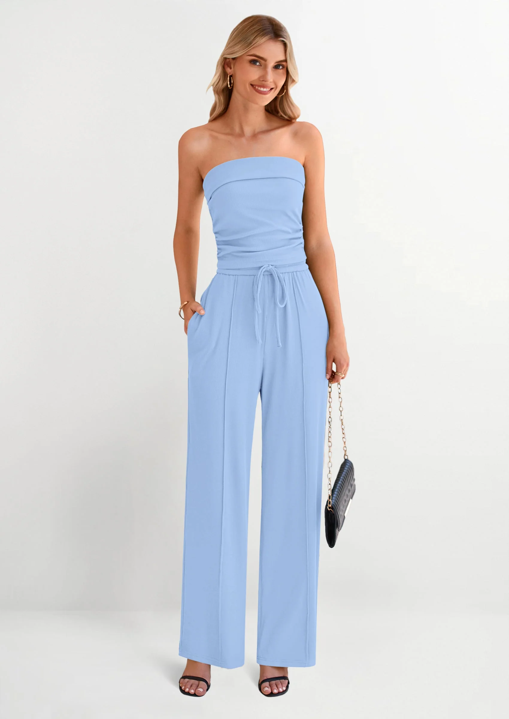 PRETTYGARDEN 2 Piece Sets Casual Ribbed Knit Crop Tube Top Wide Leg Pants Lounge Set - Image 62