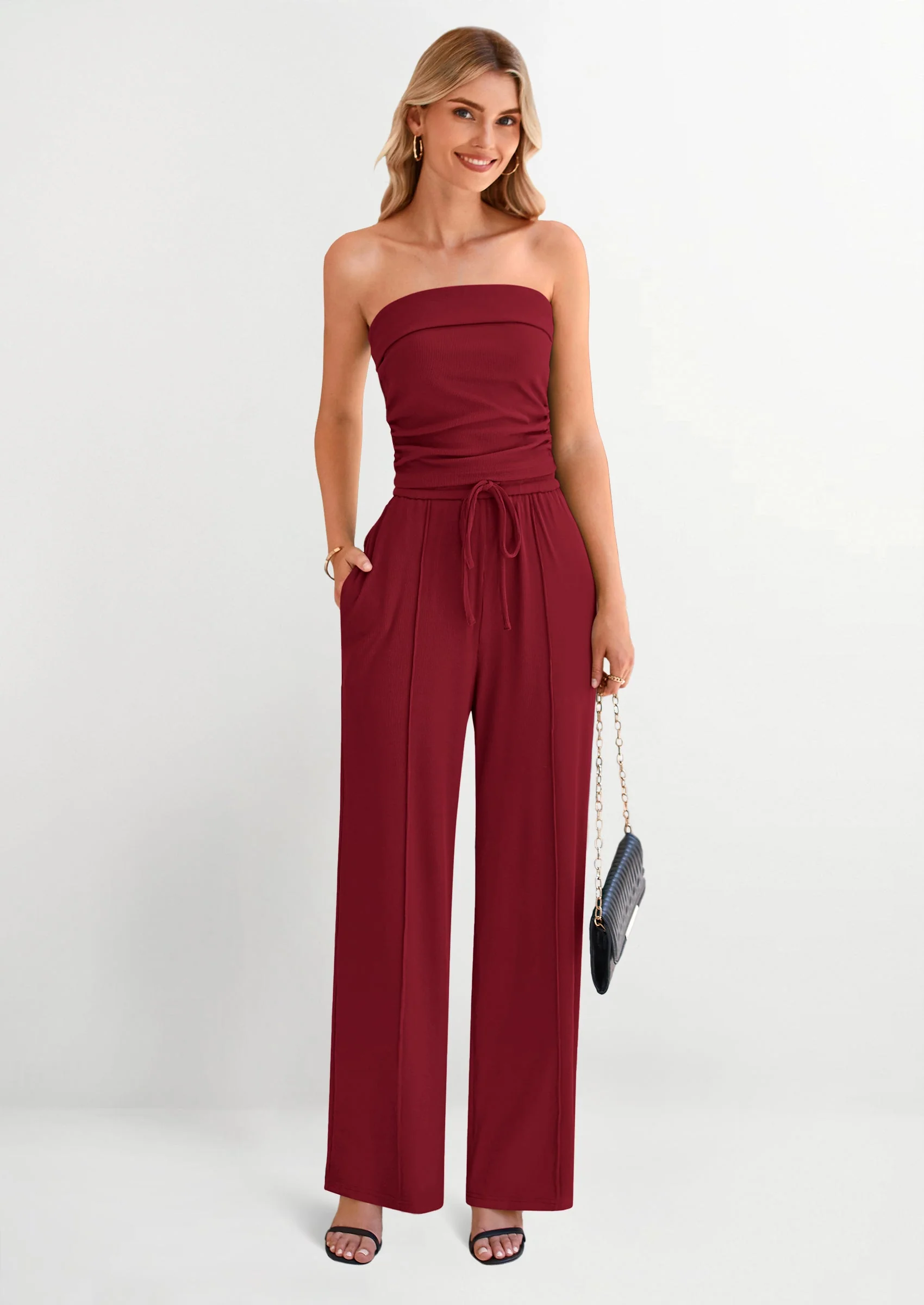 PRETTYGARDEN 2 Piece Sets Casual Ribbed Knit Crop Tube Top Wide Leg Pants Lounge Set - Image 70