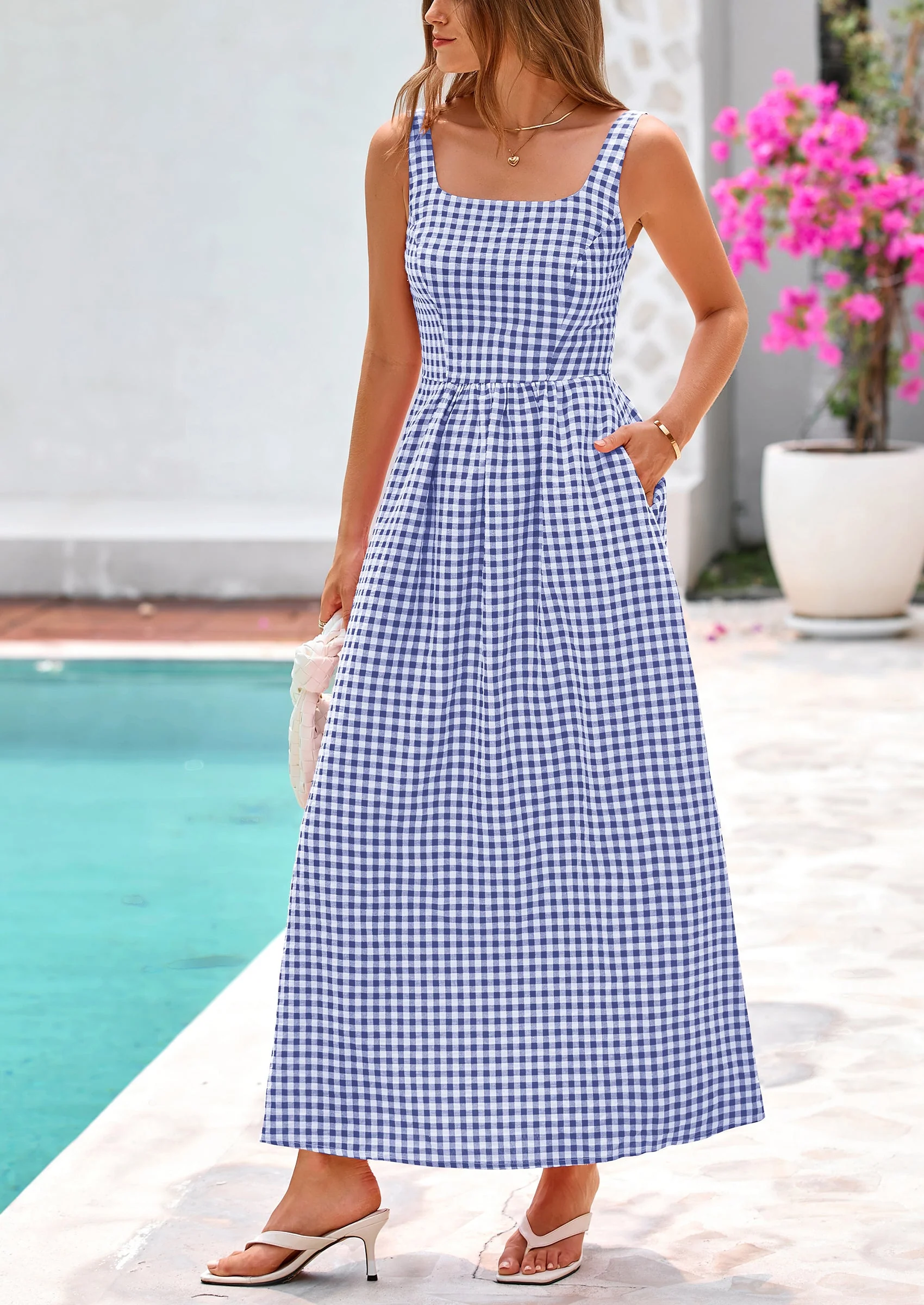 PRETTYGARDEN Women's Summer Spaghetti Strap Maxi Dresses Plaid Square Neck A Line Casual Beach Vacation Long Sundress - Image 10