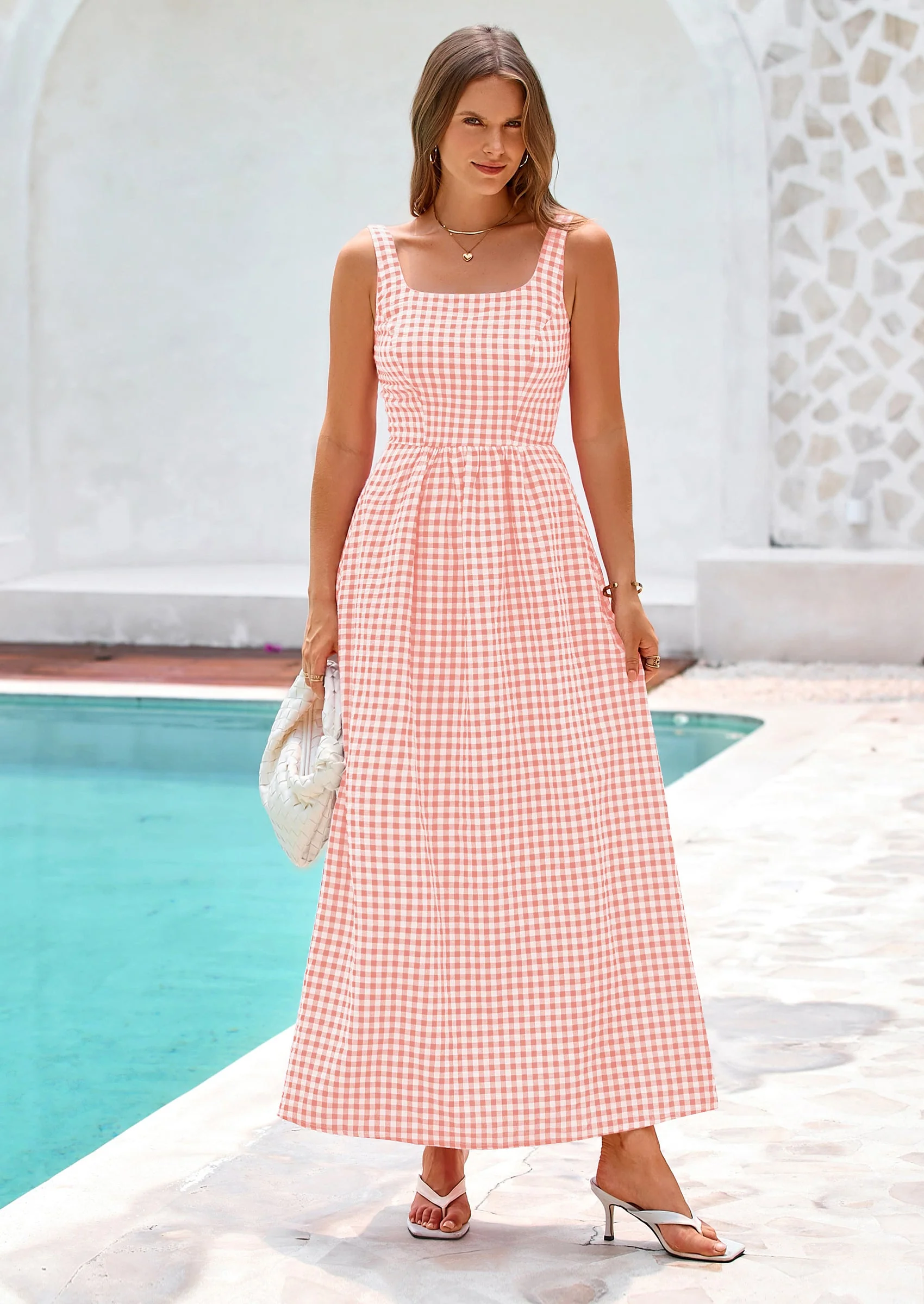PRETTYGARDEN Women's Summer Spaghetti Strap Maxi Dresses Plaid Square Neck A Line Casual Beach Vacation Long Sundress - Image 14