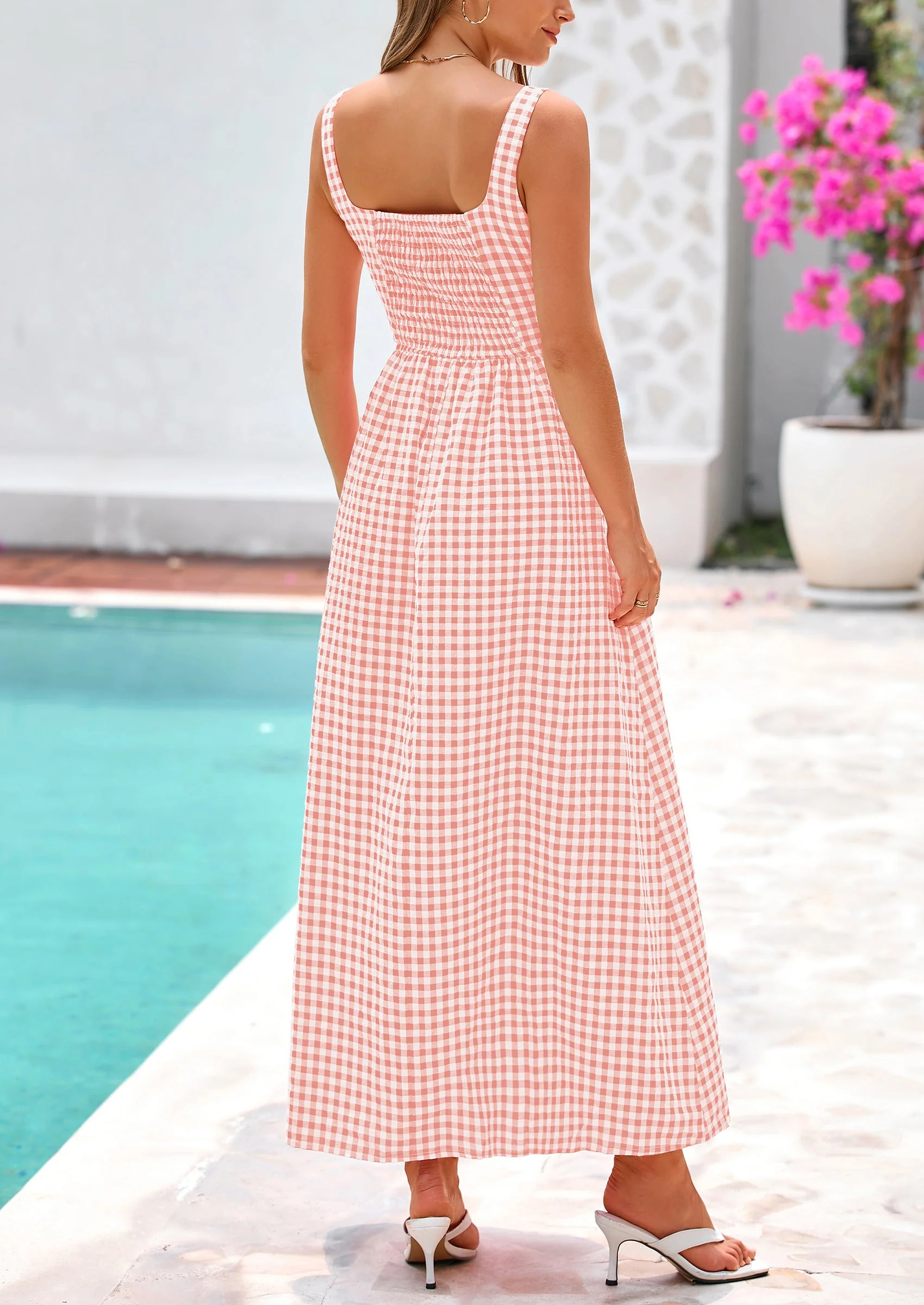 PRETTYGARDEN Women's Summer Spaghetti Strap Maxi Dresses Plaid Square Neck A Line Casual Beach Vacation Long Sundress - Image 15