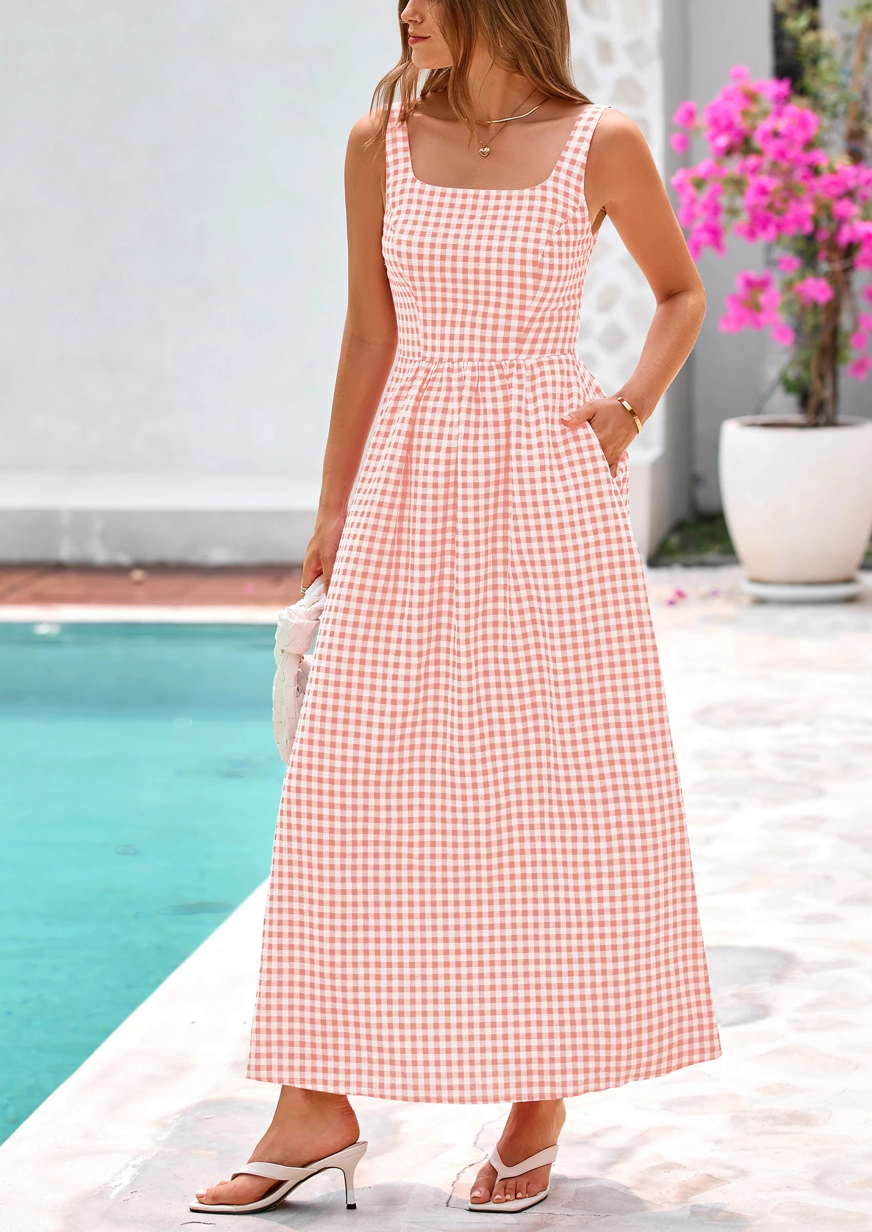 PRETTYGARDEN Women's Summer Spaghetti Strap Maxi Dresses Plaid Square Neck A Line Casual Beach Vacation Long Sundress - Image 16