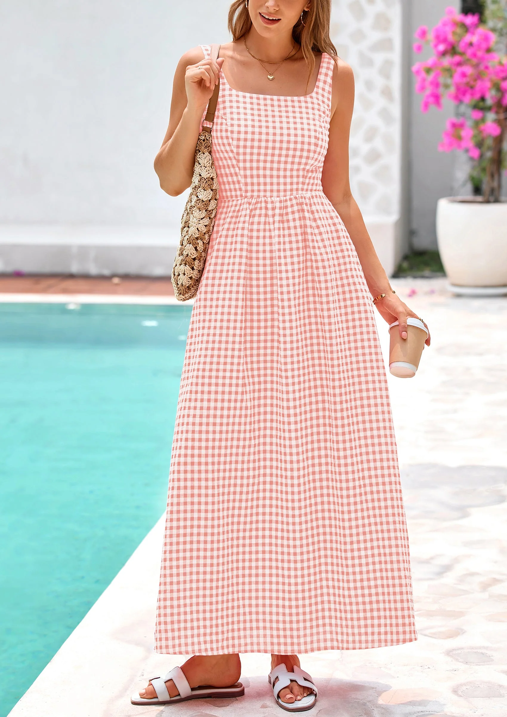 PRETTYGARDEN Women's Summer Spaghetti Strap Maxi Dresses Plaid Square Neck A Line Casual Beach Vacation Long Sundress - Image 18