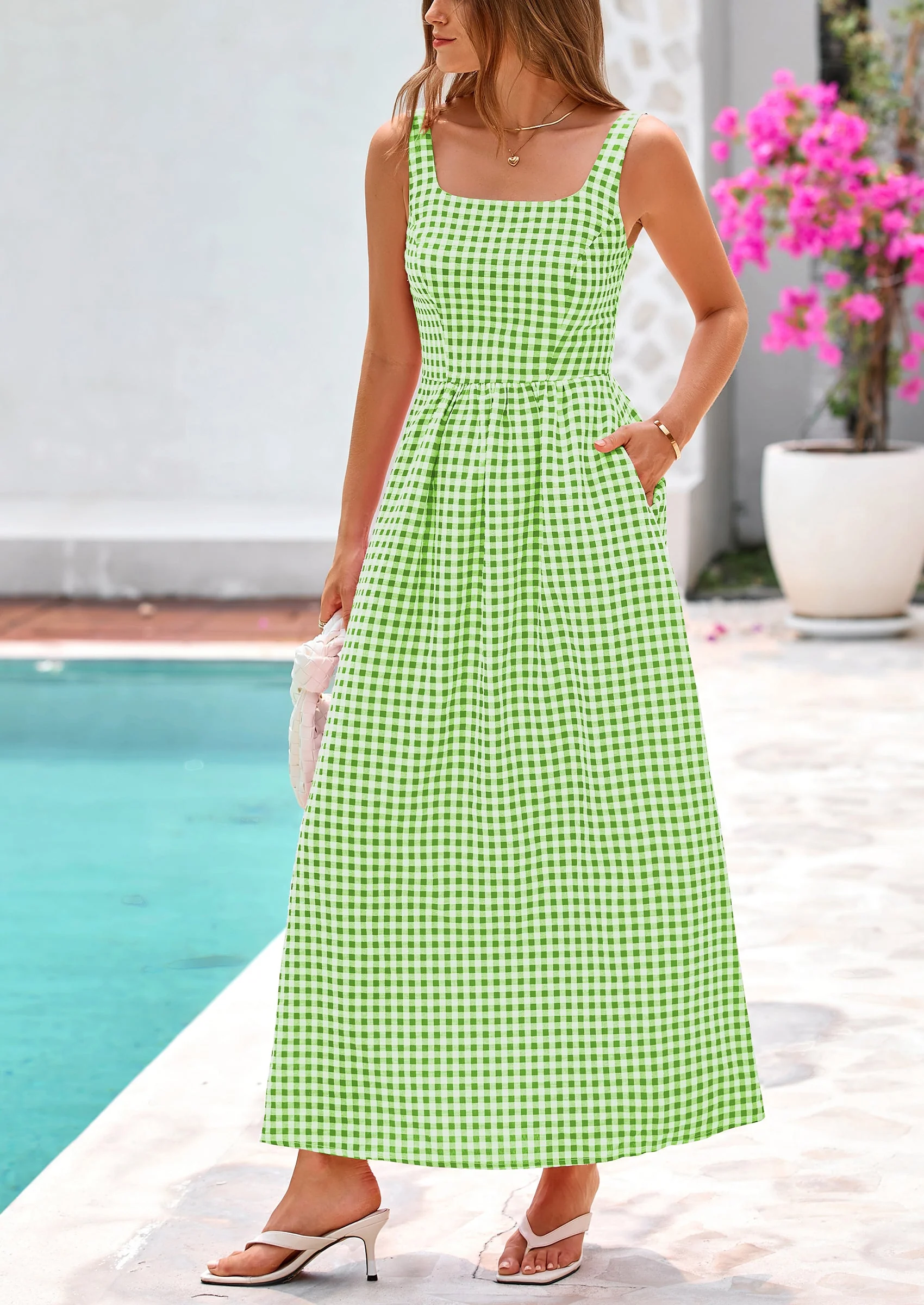 PRETTYGARDEN Women's Summer Spaghetti Strap Maxi Dresses Plaid Square Neck A Line Casual Beach Vacation Long Sundress - Image 23
