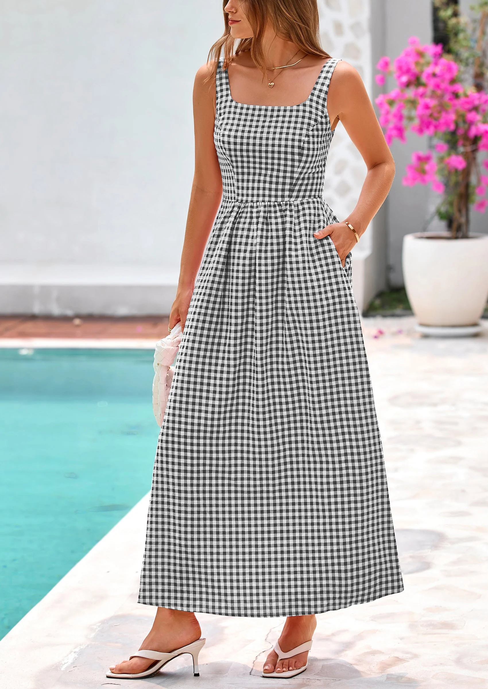 PRETTYGARDEN Women's Summer Spaghetti Strap Maxi Dresses Plaid Square Neck A Line Casual Beach Vacation Long Sundress - Image 28